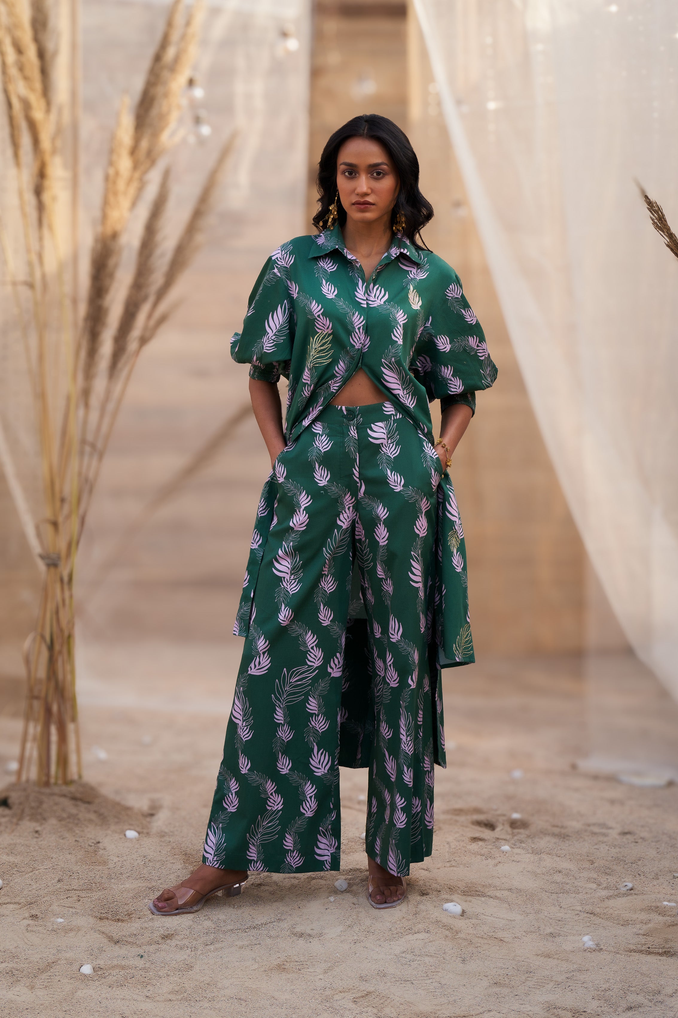 CHARMING LEAF-PRINT CO-ORD SET WITH ZARI HIGHLIGHTS & FLARED PANTS