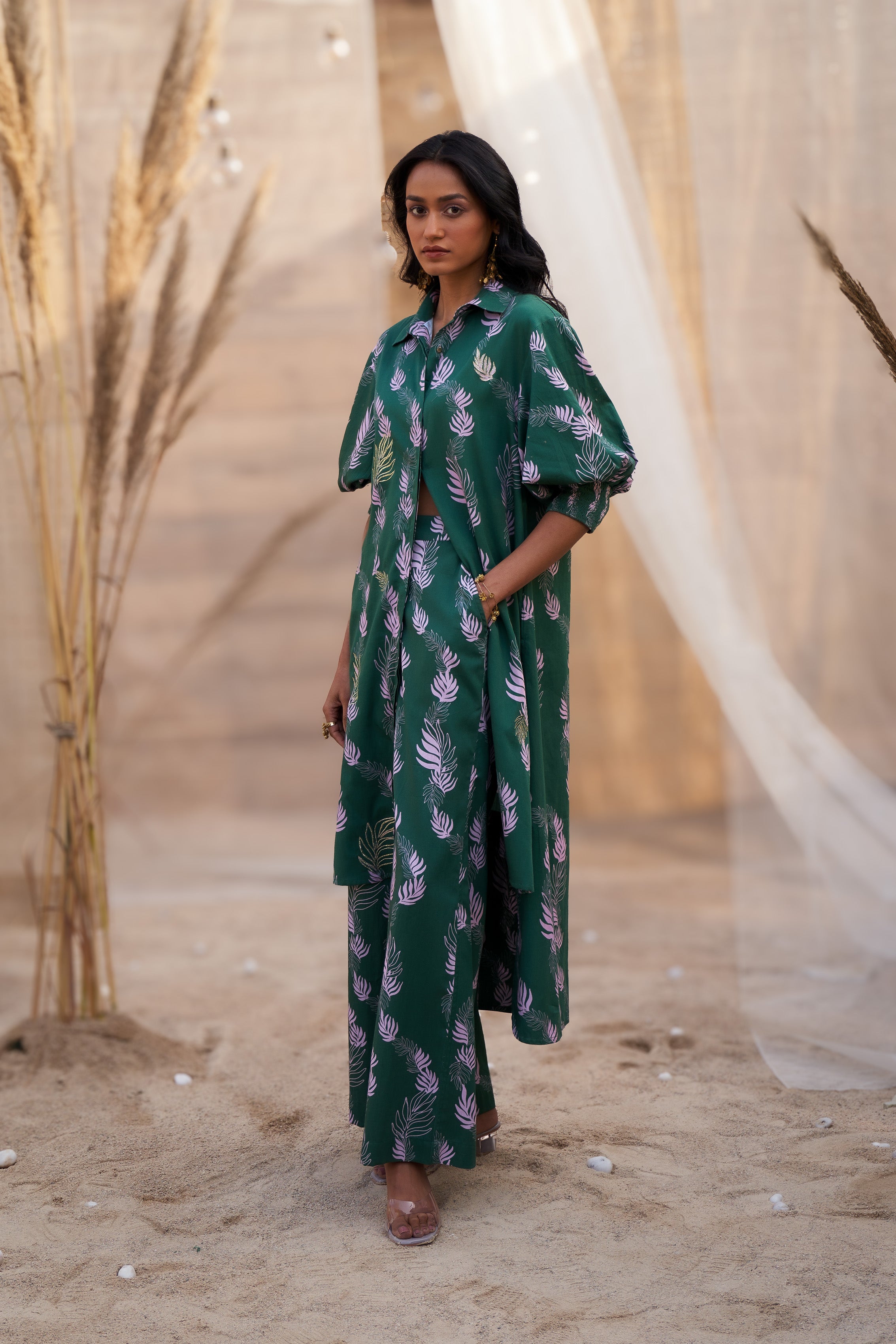 CHARMING LEAF-PRINT CO-ORD SET WITH ZARI HIGHLIGHTS & FLARED PANTS