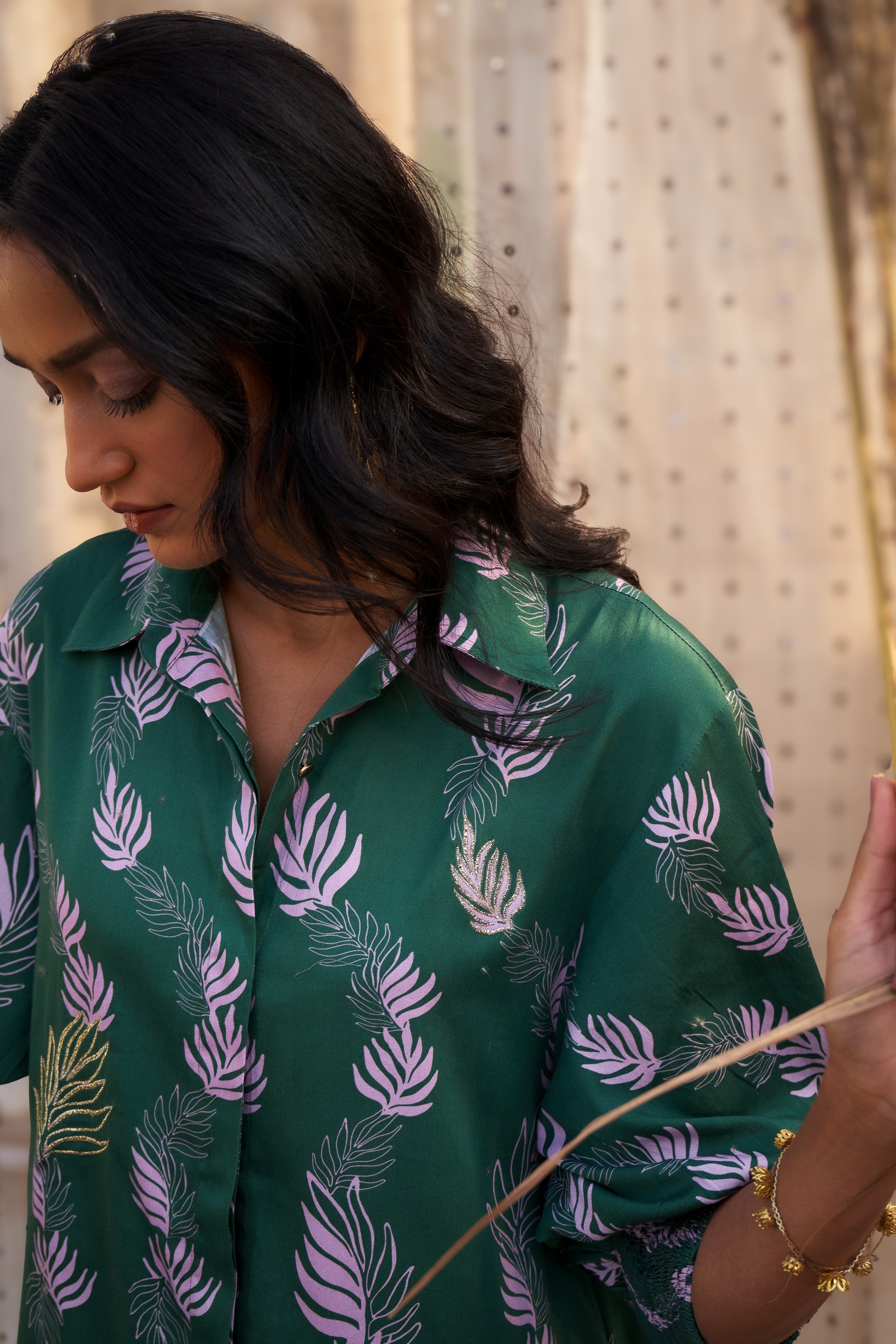 CHARMING LEAF-PRINT CO-ORD SET WITH ZARI HIGHLIGHTS & FLARED PANTS