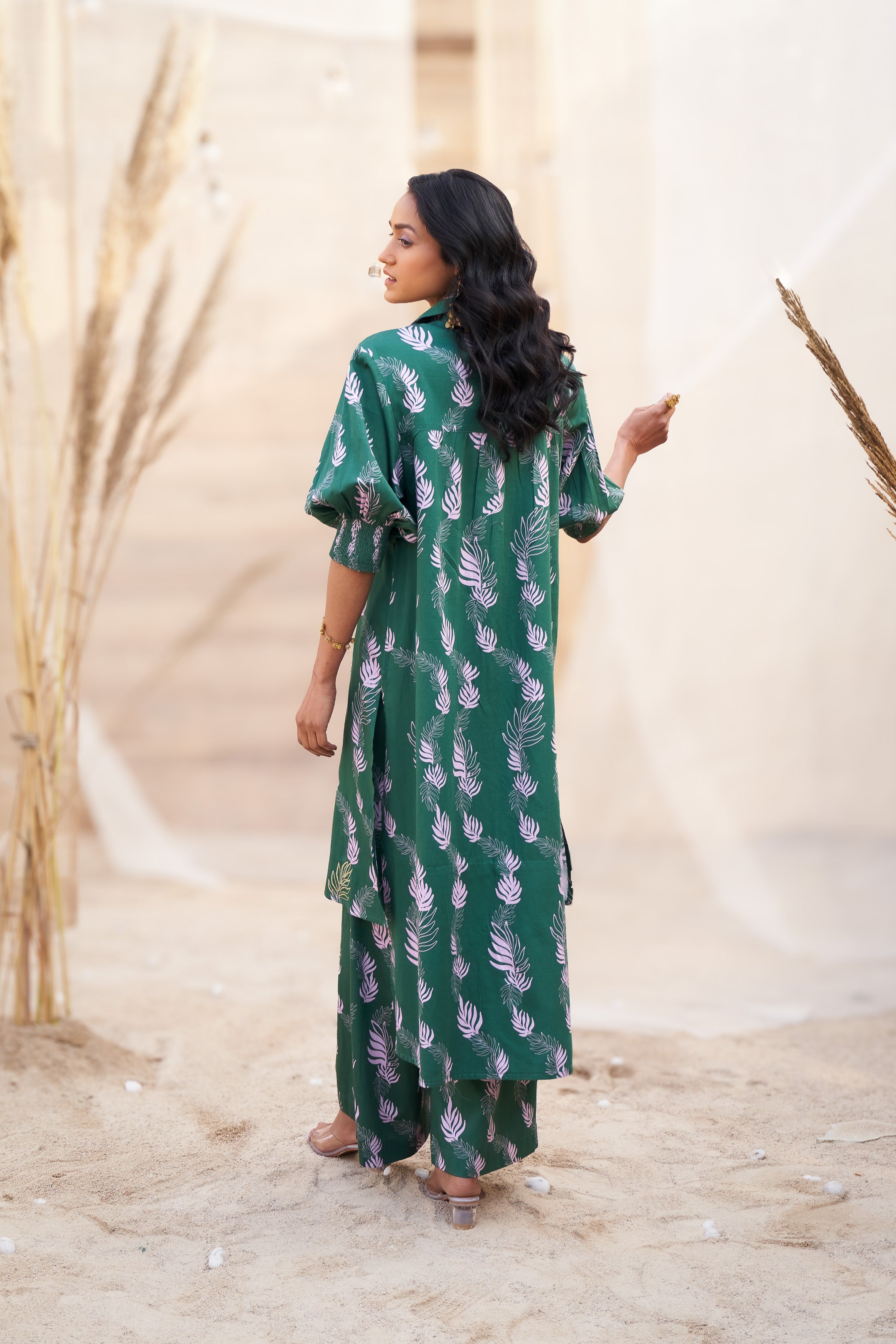CHARMING LEAF-PRINT CO-ORD SET WITH ZARI HIGHLIGHTS & FLARED PANTS