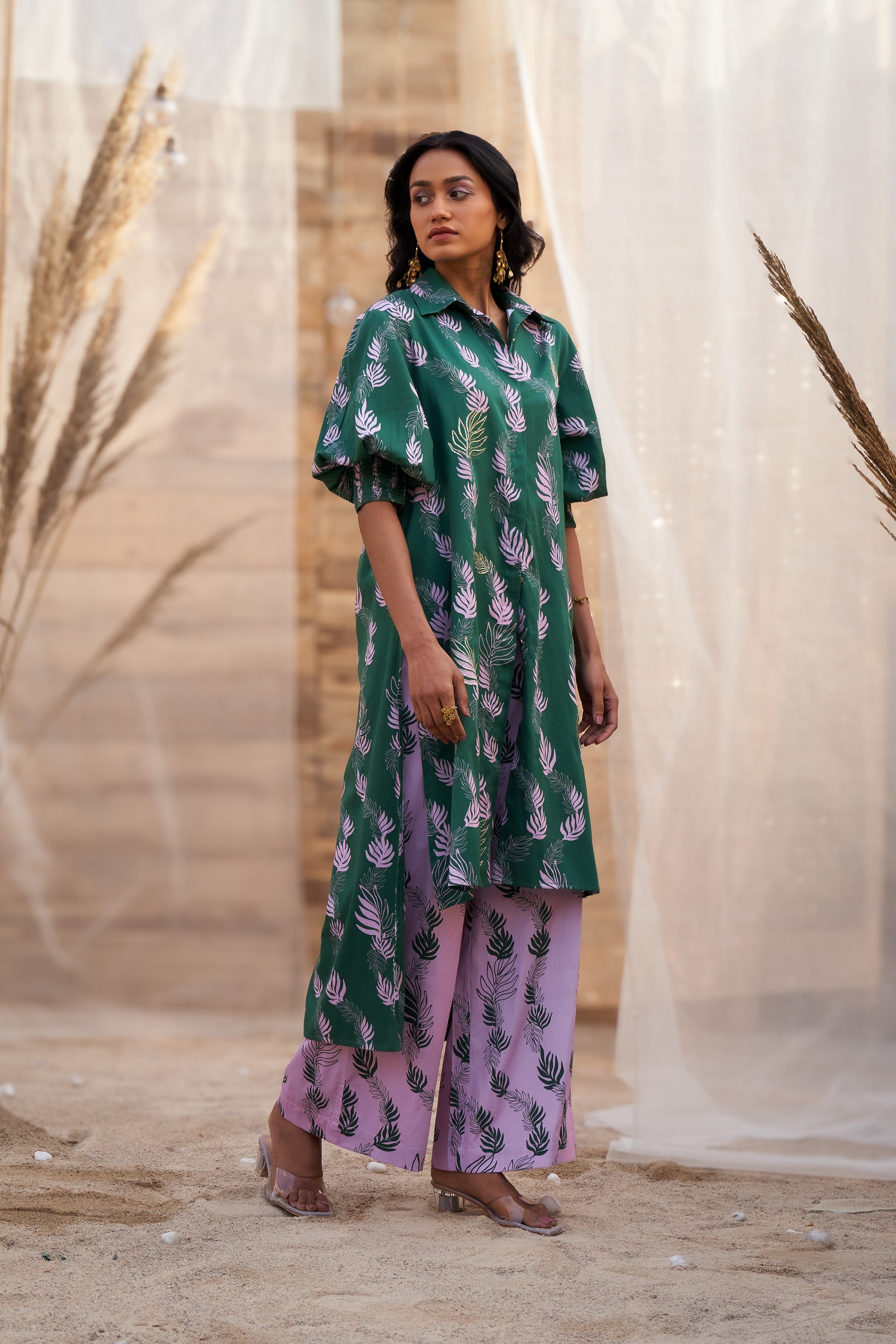 CHARMING LEAF-PRINT CO-ORD SET WITH ZARI HIGHLIGHTS & FLARED PANTS