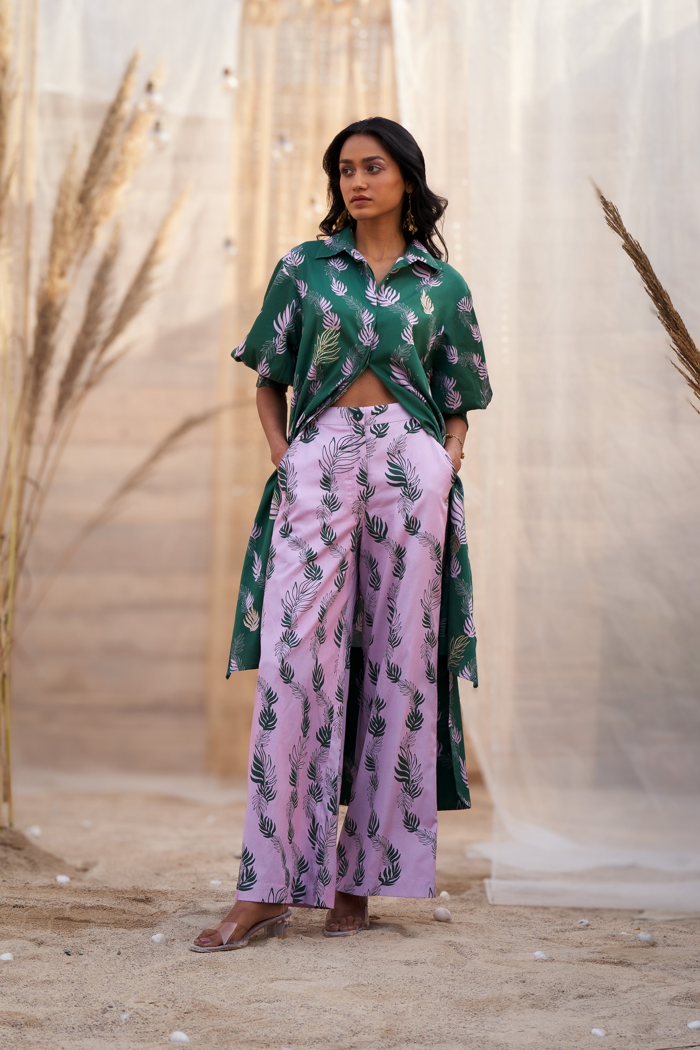 CHARMING LEAF-PRINT CO-ORD SET WITH ZARI HIGHLIGHTS & FLARED PANTS