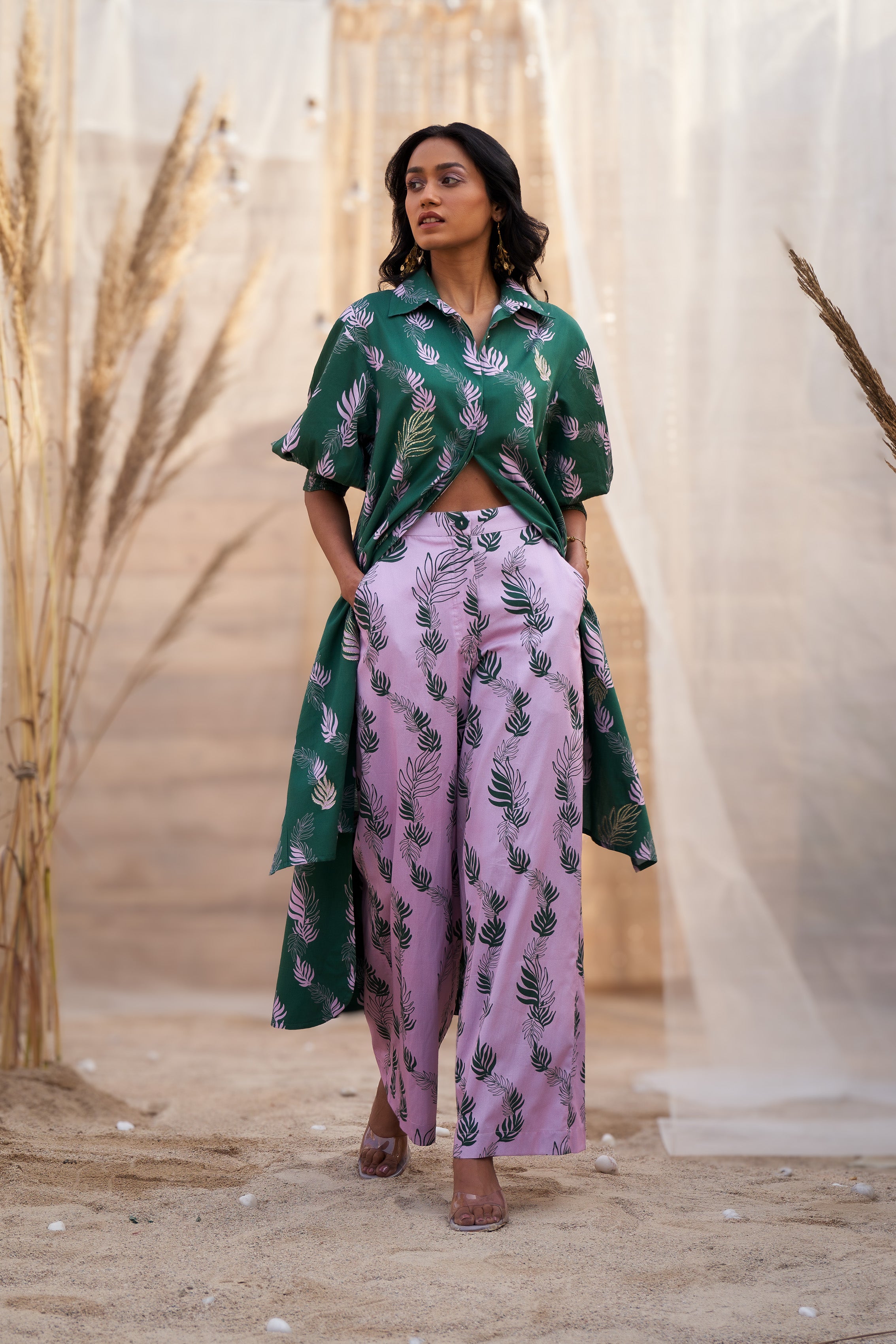 CHARMING LEAF-PRINT CO-ORD SET WITH ZARI HIGHLIGHTS & FLARED PANTS