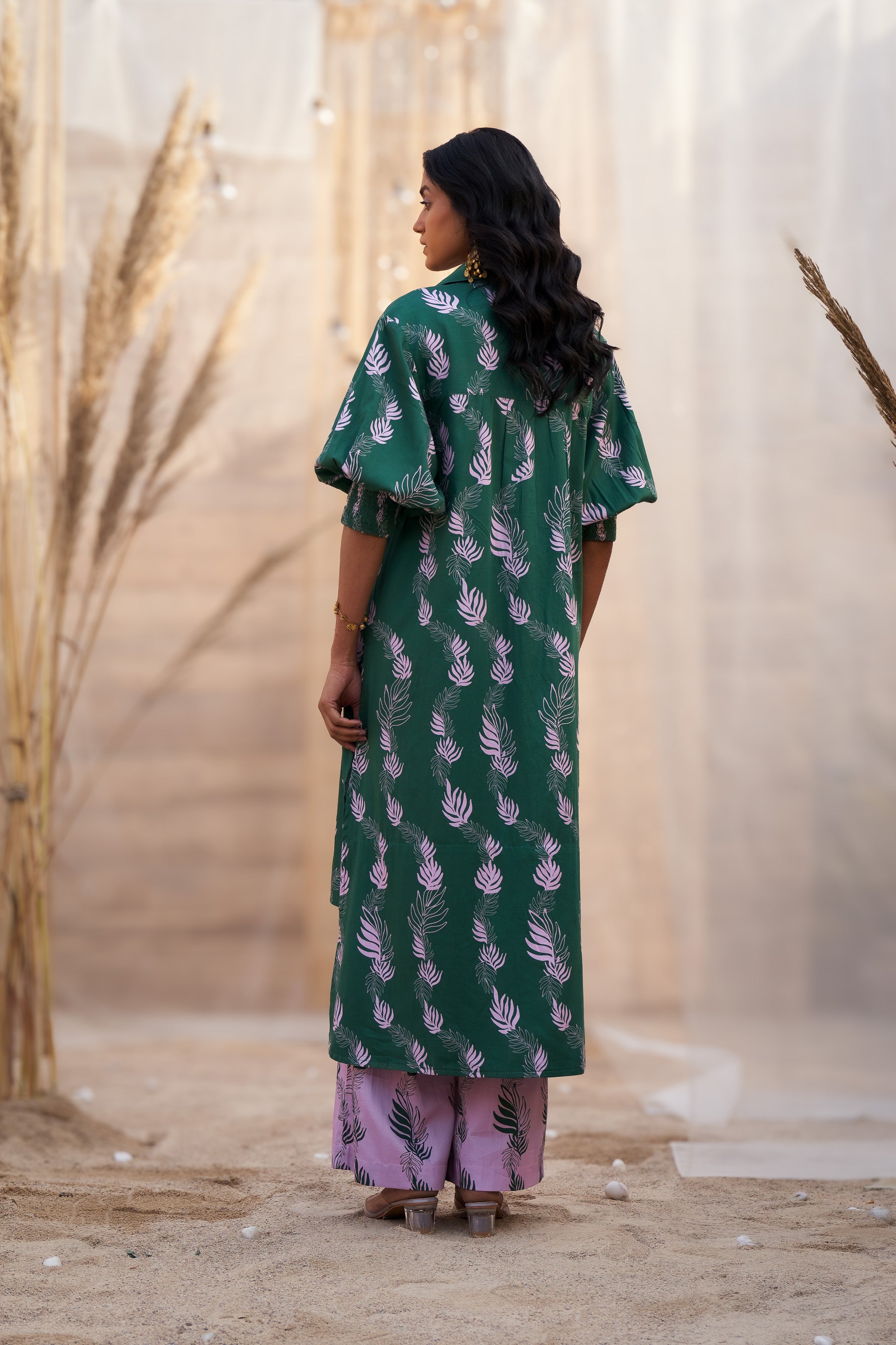 CHARMING LEAF-PRINT CO-ORD SET WITH ZARI HIGHLIGHTS & FLARED PANTS