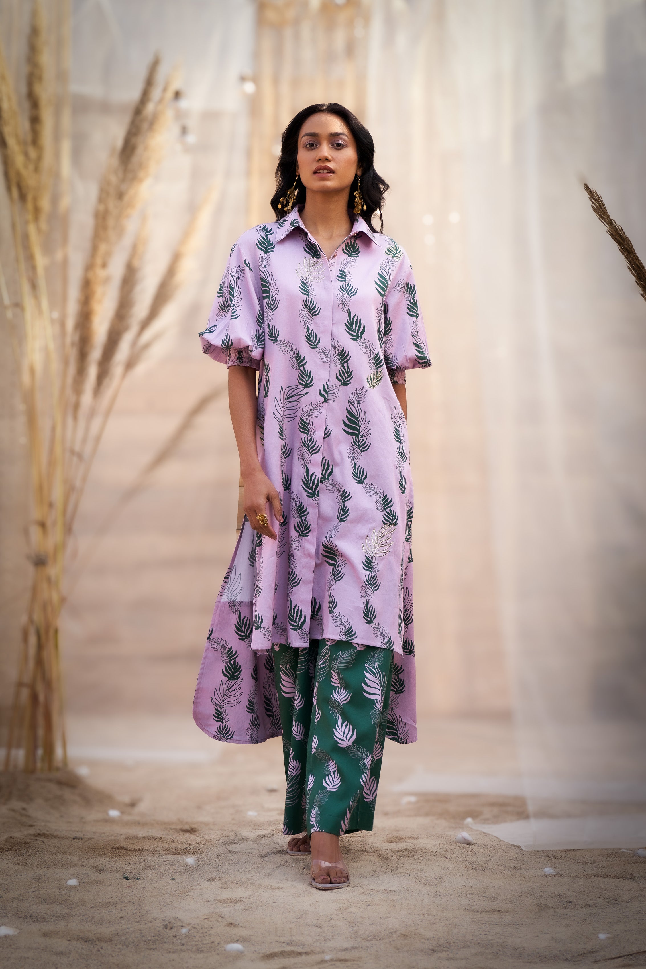 CHARMING LEAF-PRINT CO-ORD SET WITH ZARI HIGHLIGHTS & FLARED PANTS