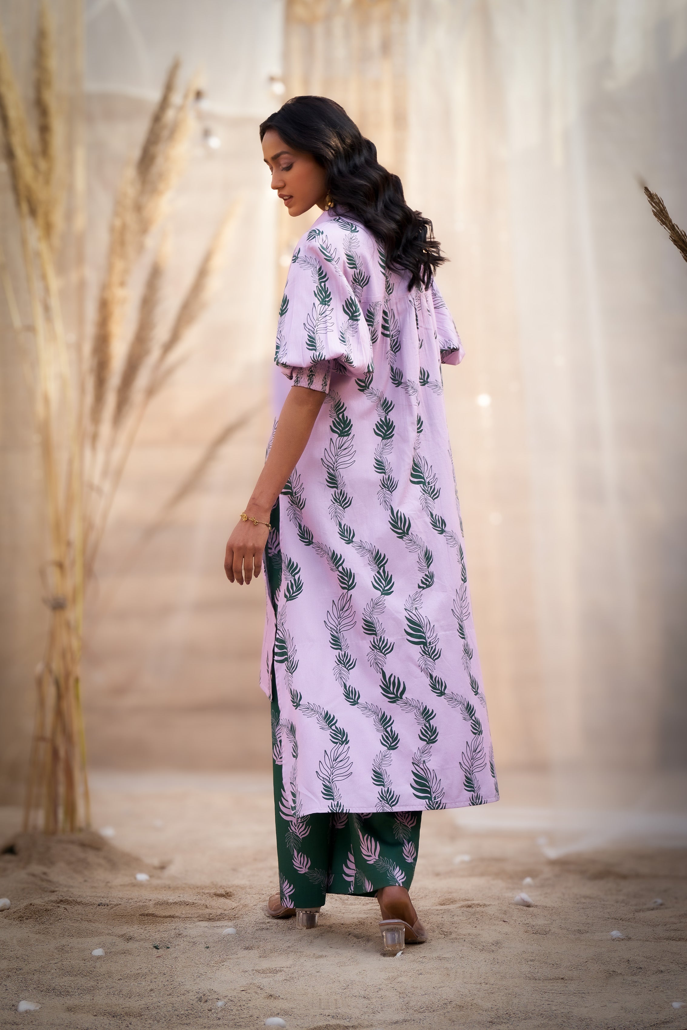 CHARMING LEAF-PRINT CO-ORD SET WITH ZARI HIGHLIGHTS & FLARED PANTS