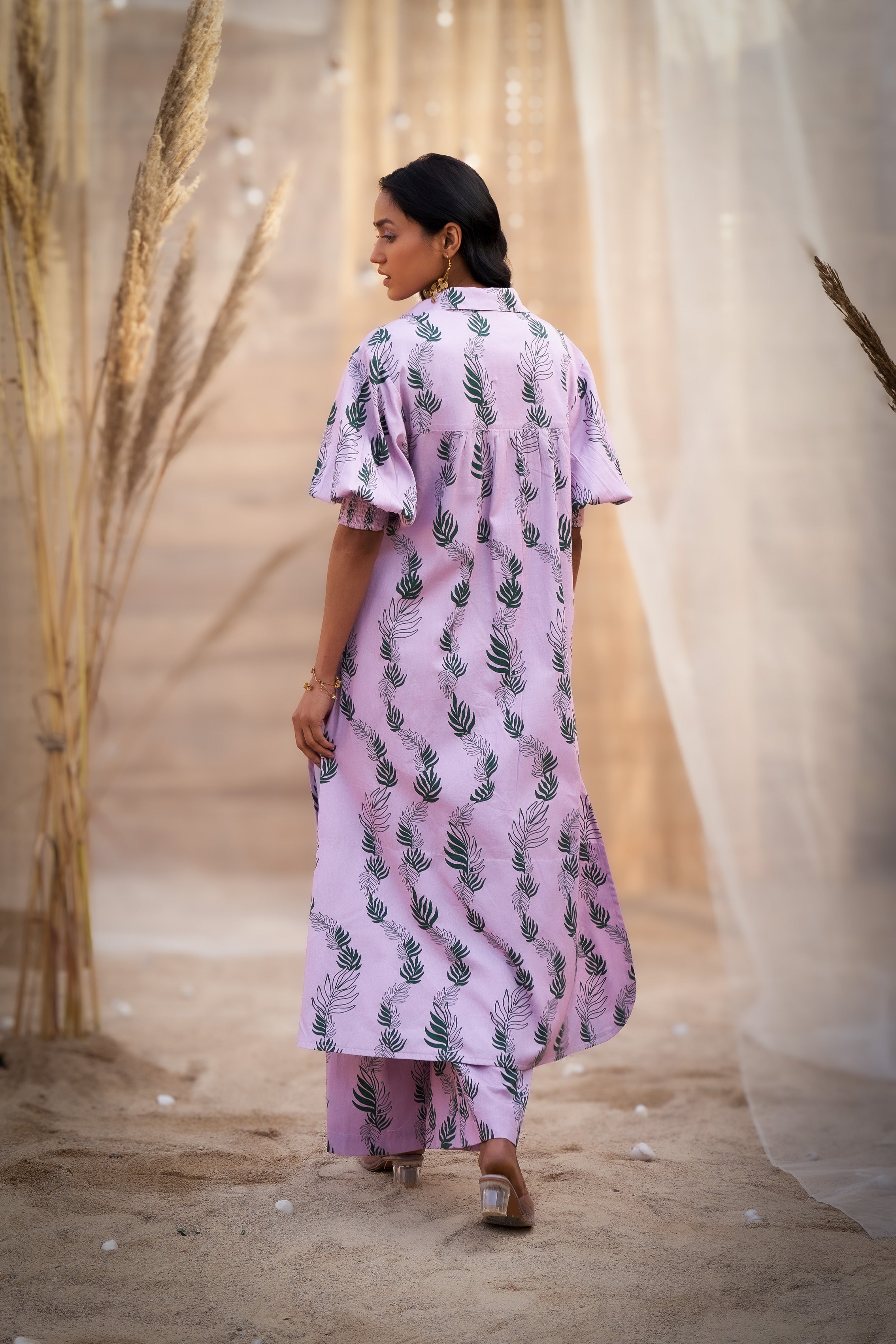 CHARMING LEAF-PRINT CO-ORD SET WITH ZARI HIGHLIGHTS & FLARED PANTS