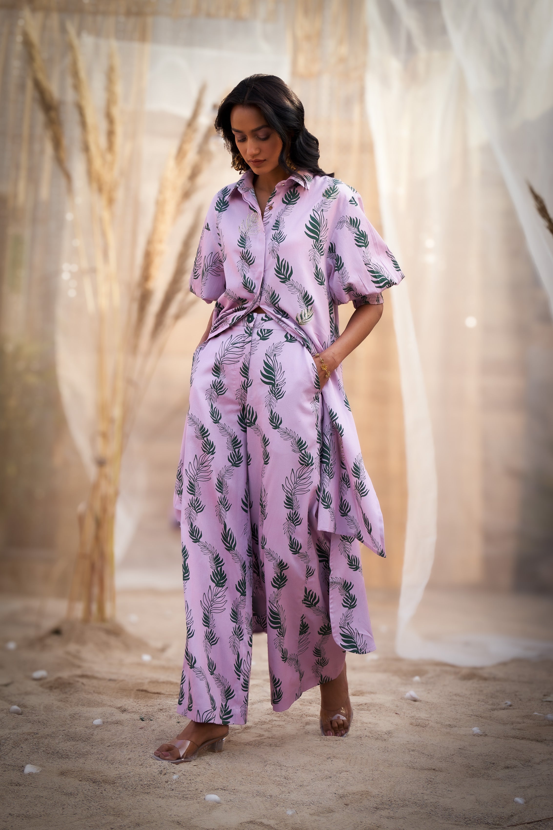 CHARMING LEAF-PRINT CO-ORD SET WITH ZARI HIGHLIGHTS & FLARED PANTS