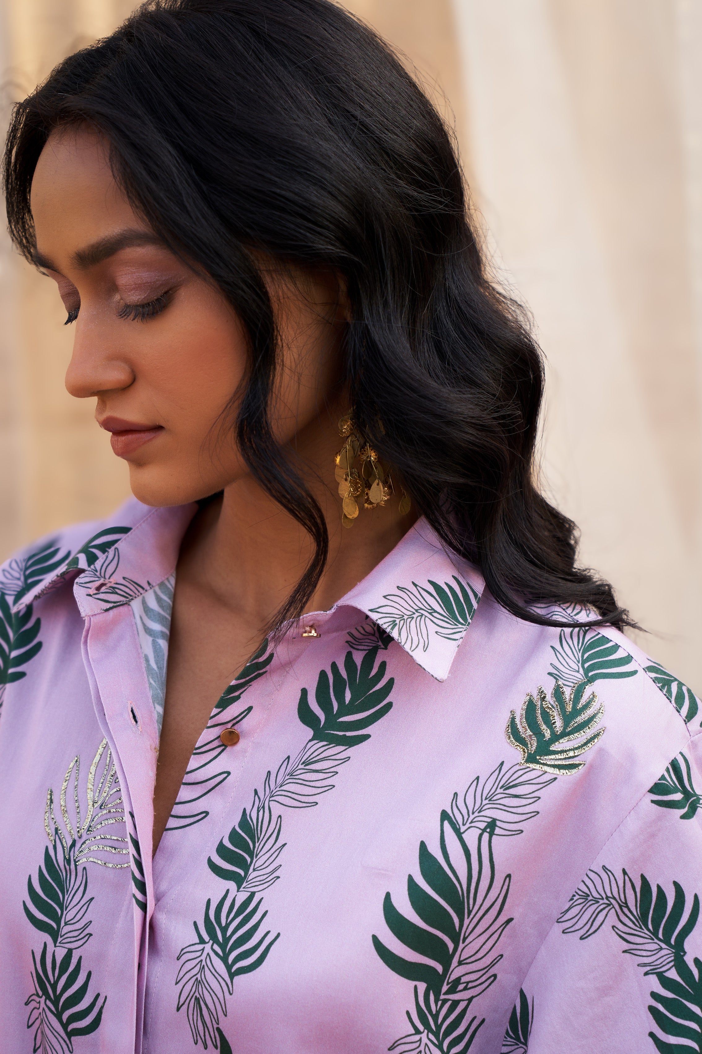 CHARMING LEAF-PRINT CO-ORD SET WITH ZARI HIGHLIGHTS & FLARED PANTS