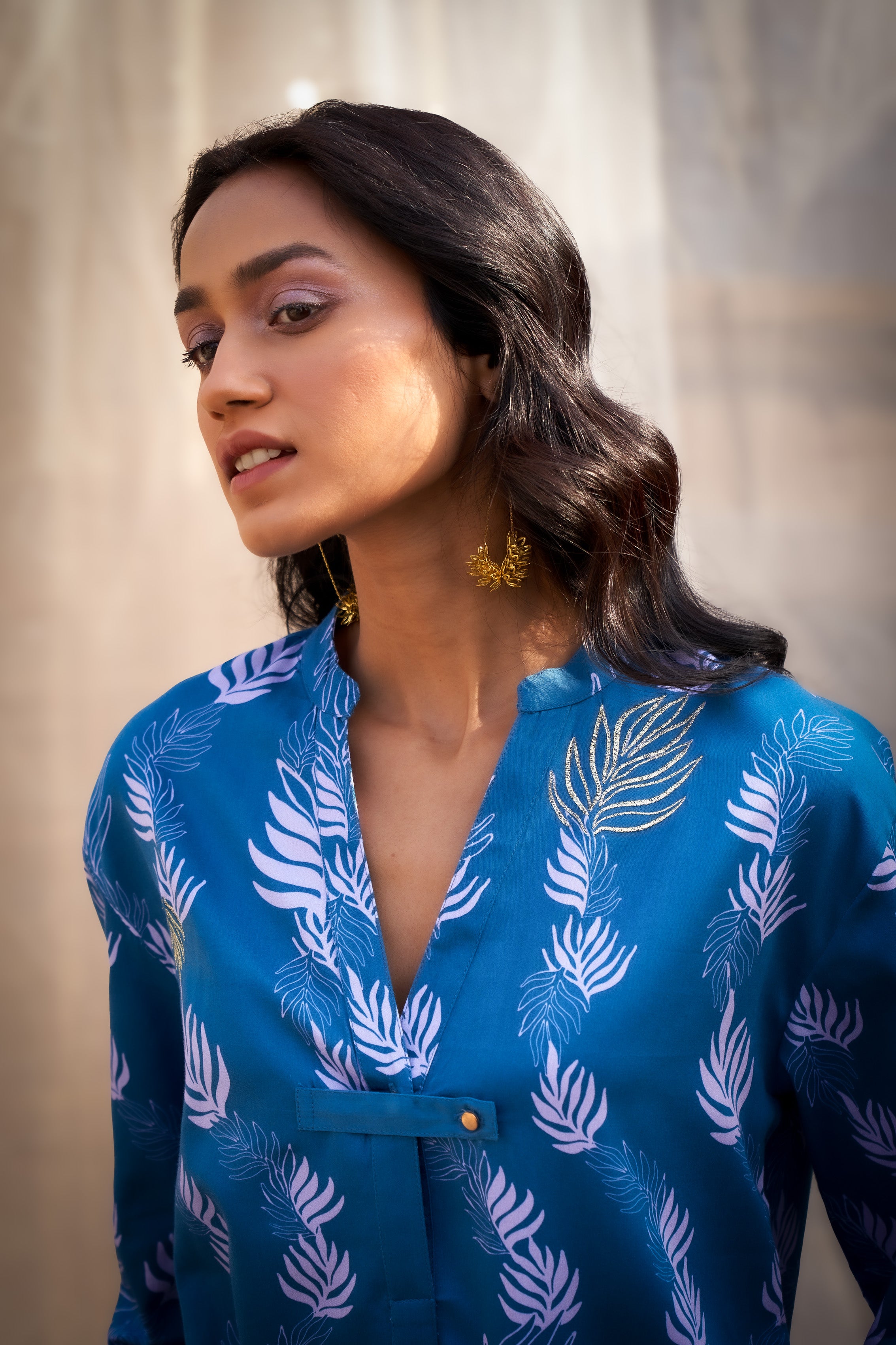 LEAF-PRINTED CO-ORD SET IN COTTON SATIN WITH ZARI HIGHLIGHTS