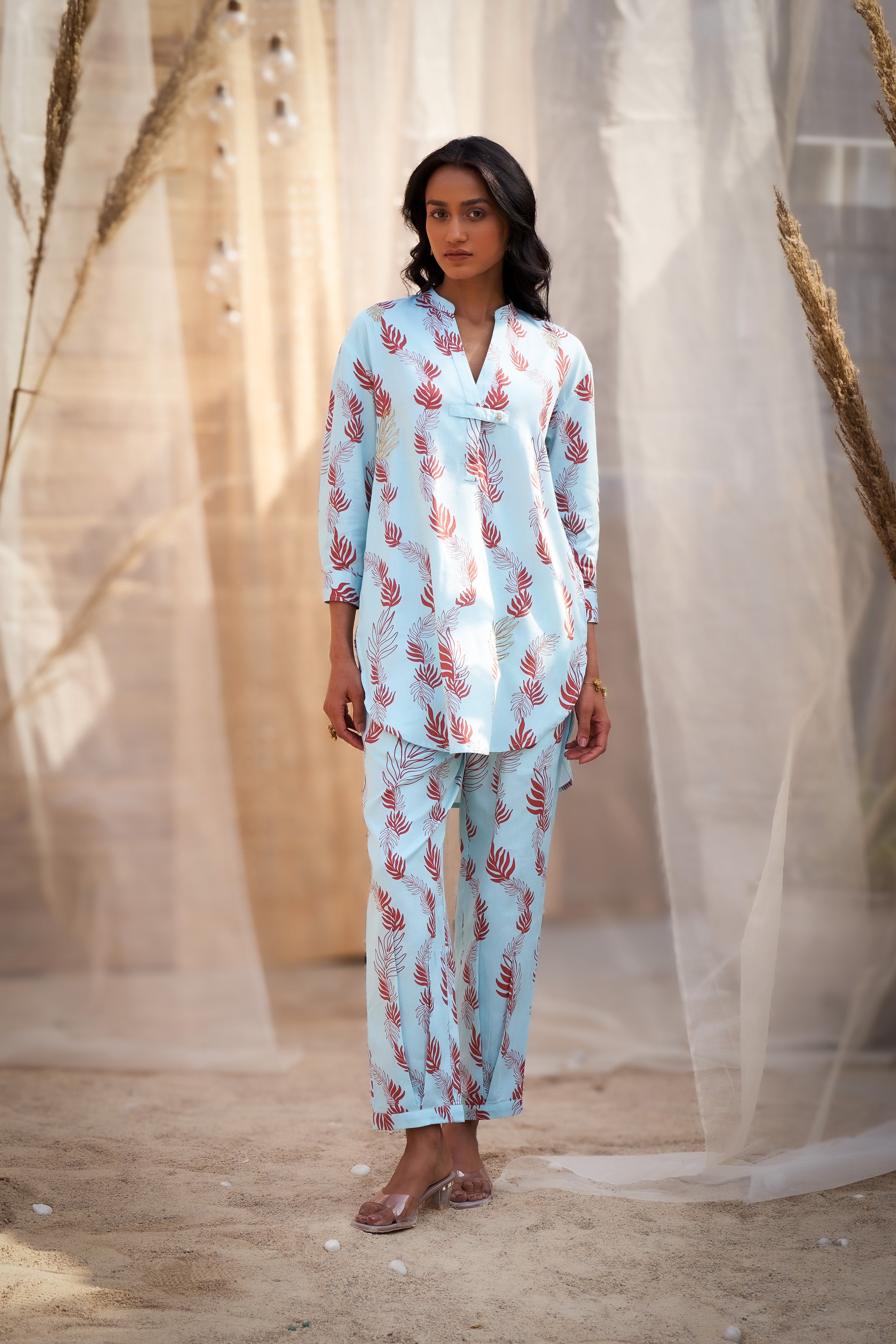 LEAF-PRINTED CO-ORD SET IN COTTON SATIN WITH ZARI HIGHLIGHTS