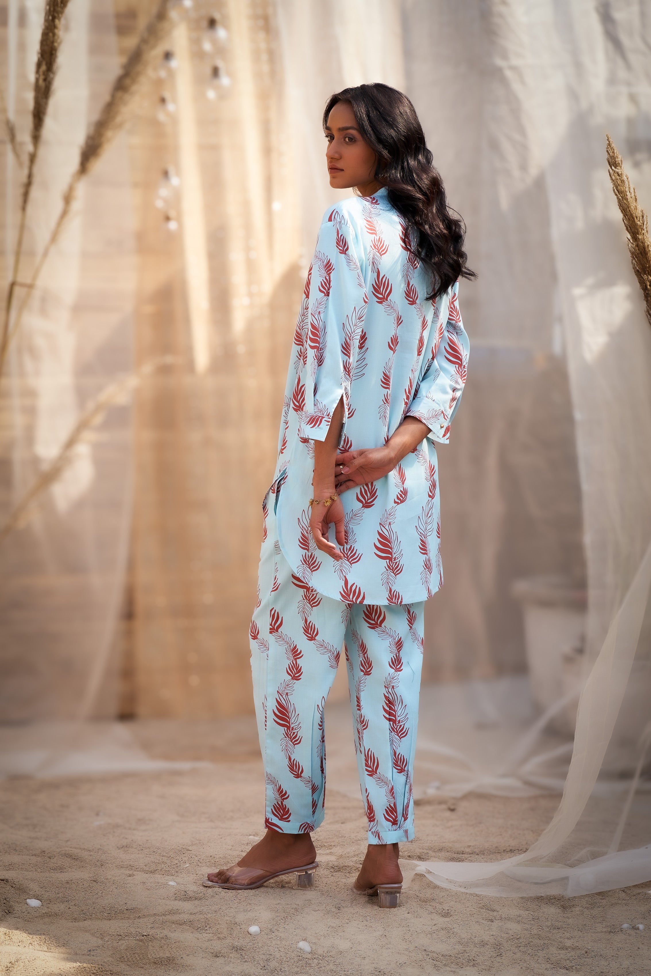 LEAF-PRINTED CO-ORD SET IN COTTON SATIN WITH ZARI HIGHLIGHTS