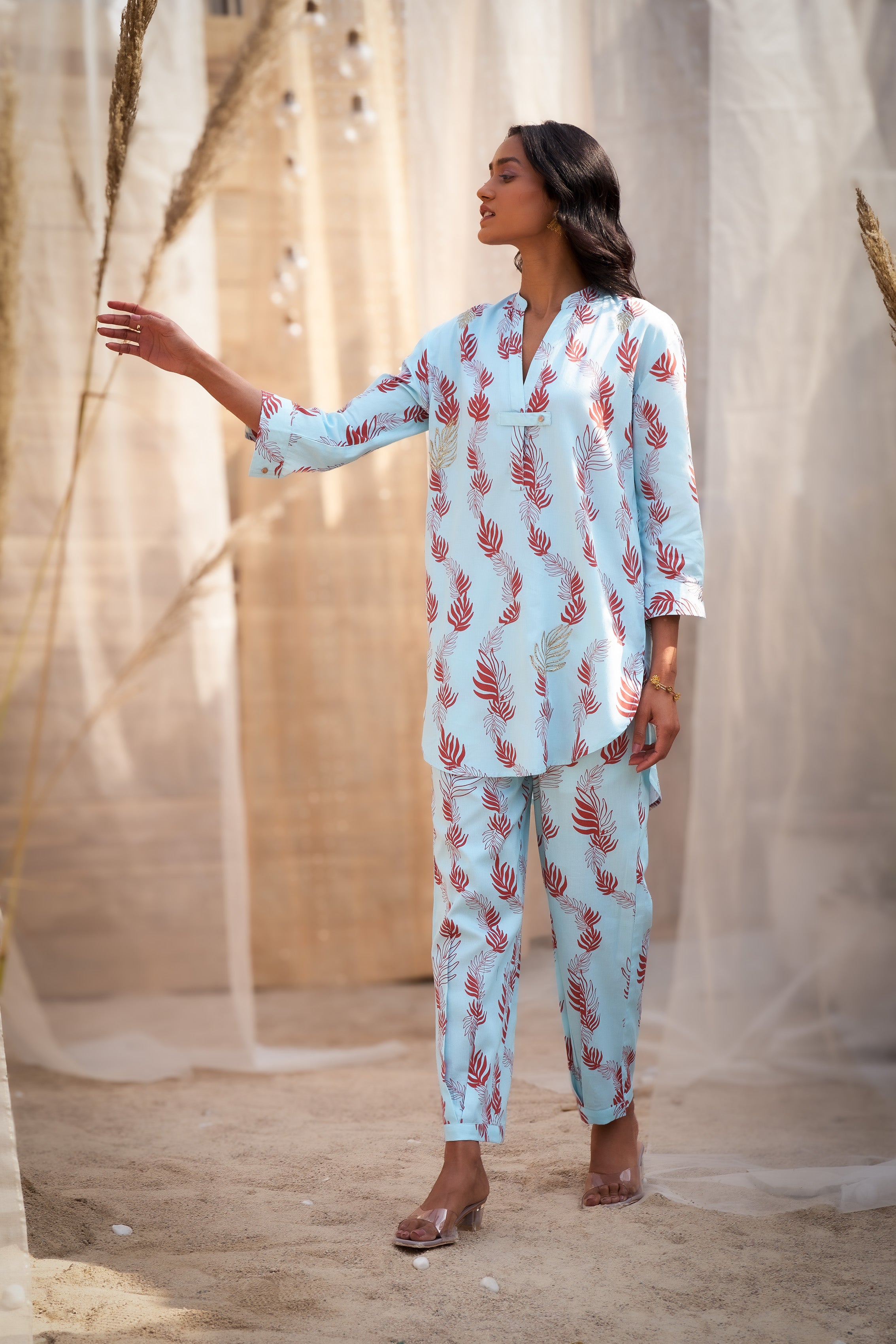 LEAF-PRINTED CO-ORD SET IN COTTON SATIN WITH ZARI HIGHLIGHTS