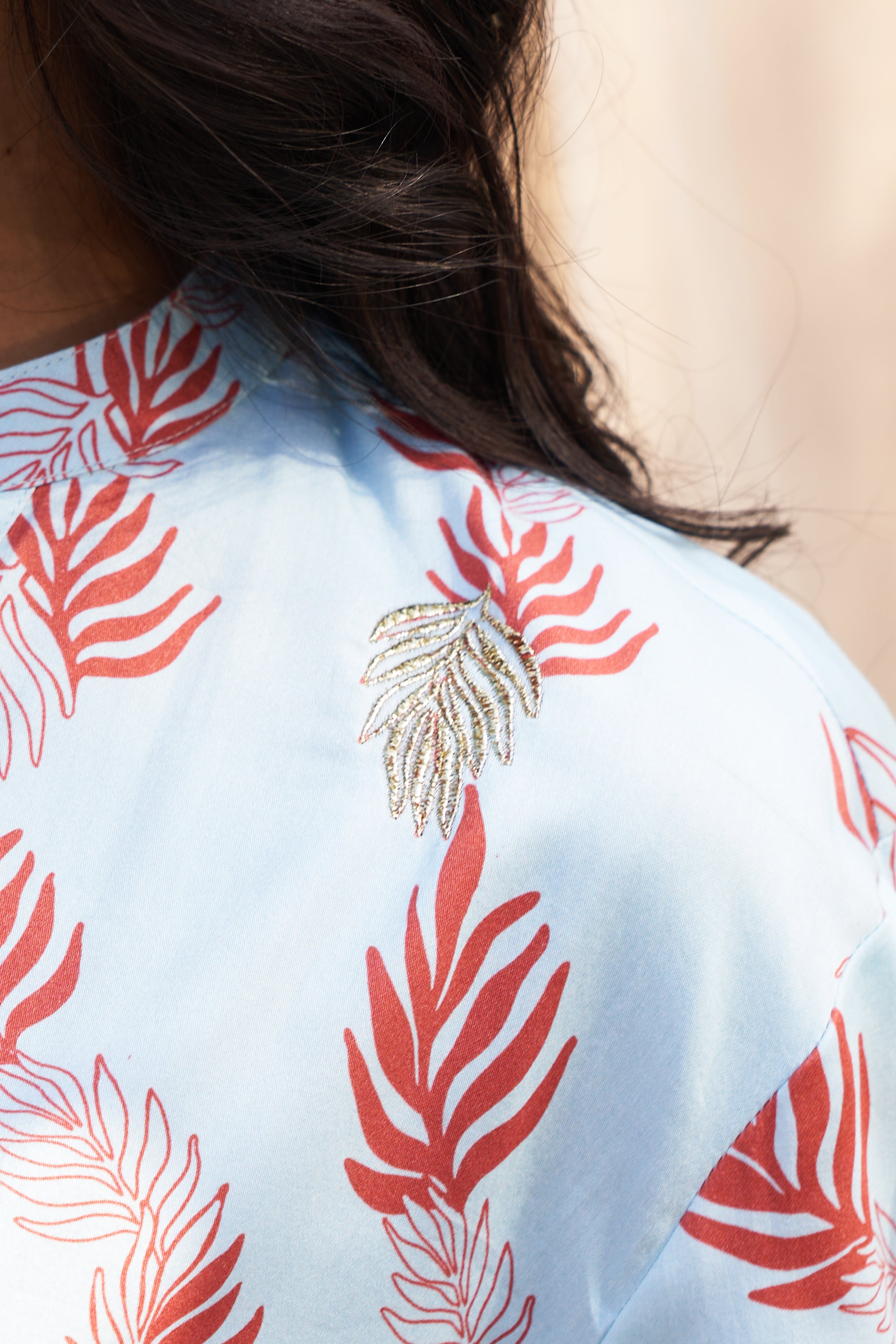 LEAF-PRINTED CO-ORD SET IN COTTON SATIN WITH ZARI HIGHLIGHTS