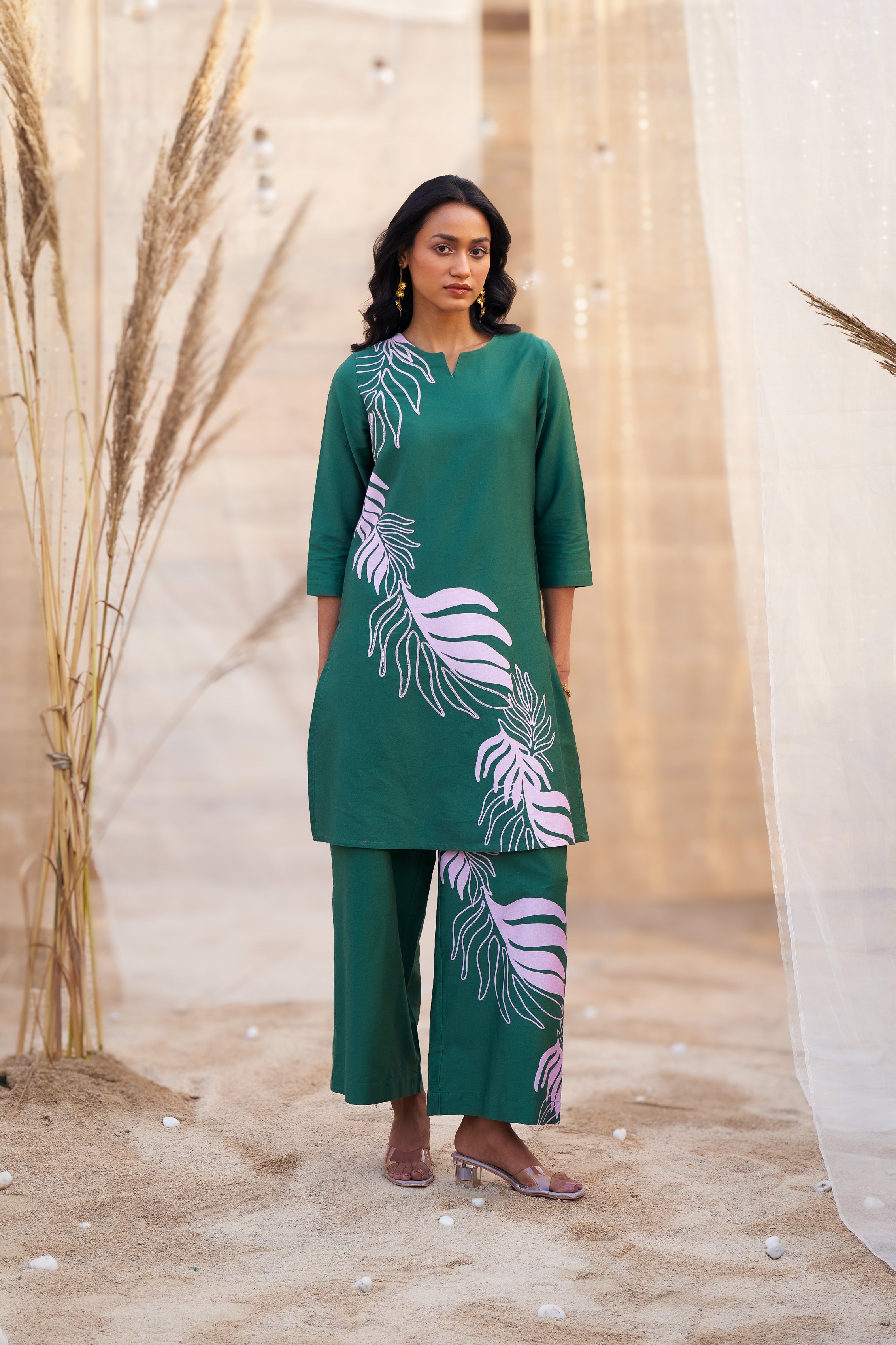 BOLD LEAF-PRINT CO-ORD SET WITH NOTCH NECK & FLARED PANTS