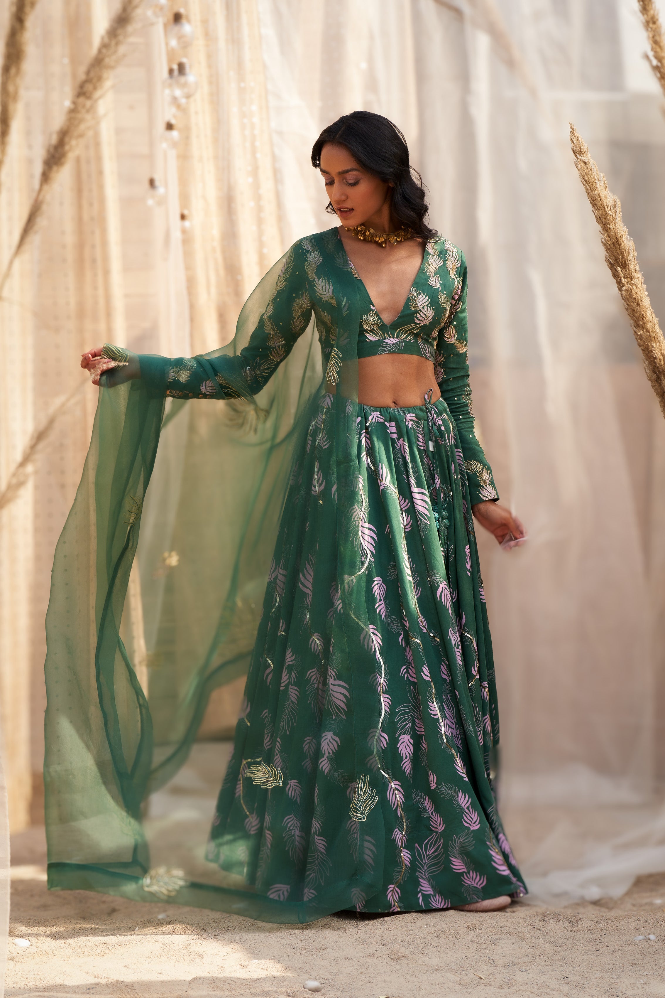 GREEN COTTON SATIN LEHENGA WITH HAND-EMBROIDERED BLOUSE & ORGANZA DUPATTA