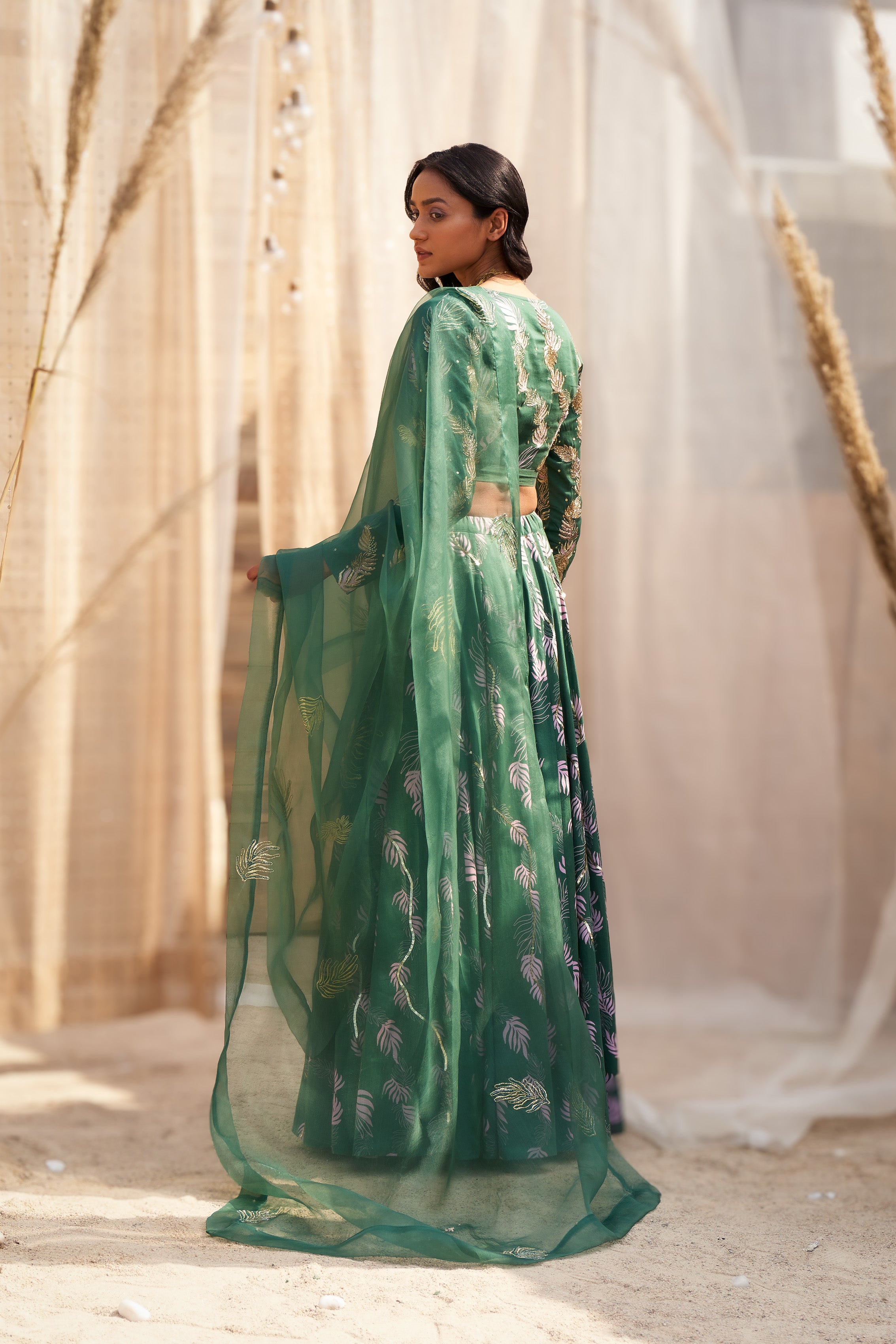 GREEN COTTON SATIN LEHENGA WITH HAND-EMBROIDERED BLOUSE & ORGANZA DUPATTA