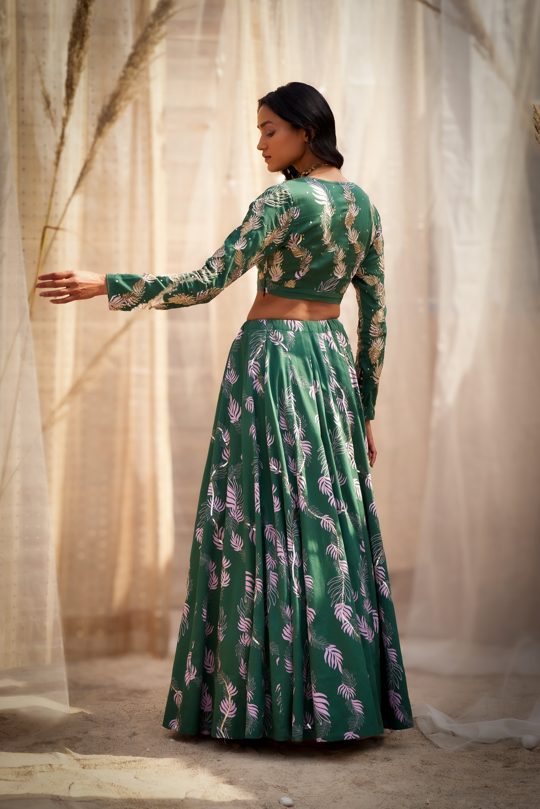 GREEN COTTON SATIN LEHENGA WITH HAND-EMBROIDERED BLOUSE & ORGANZA DUPATTA