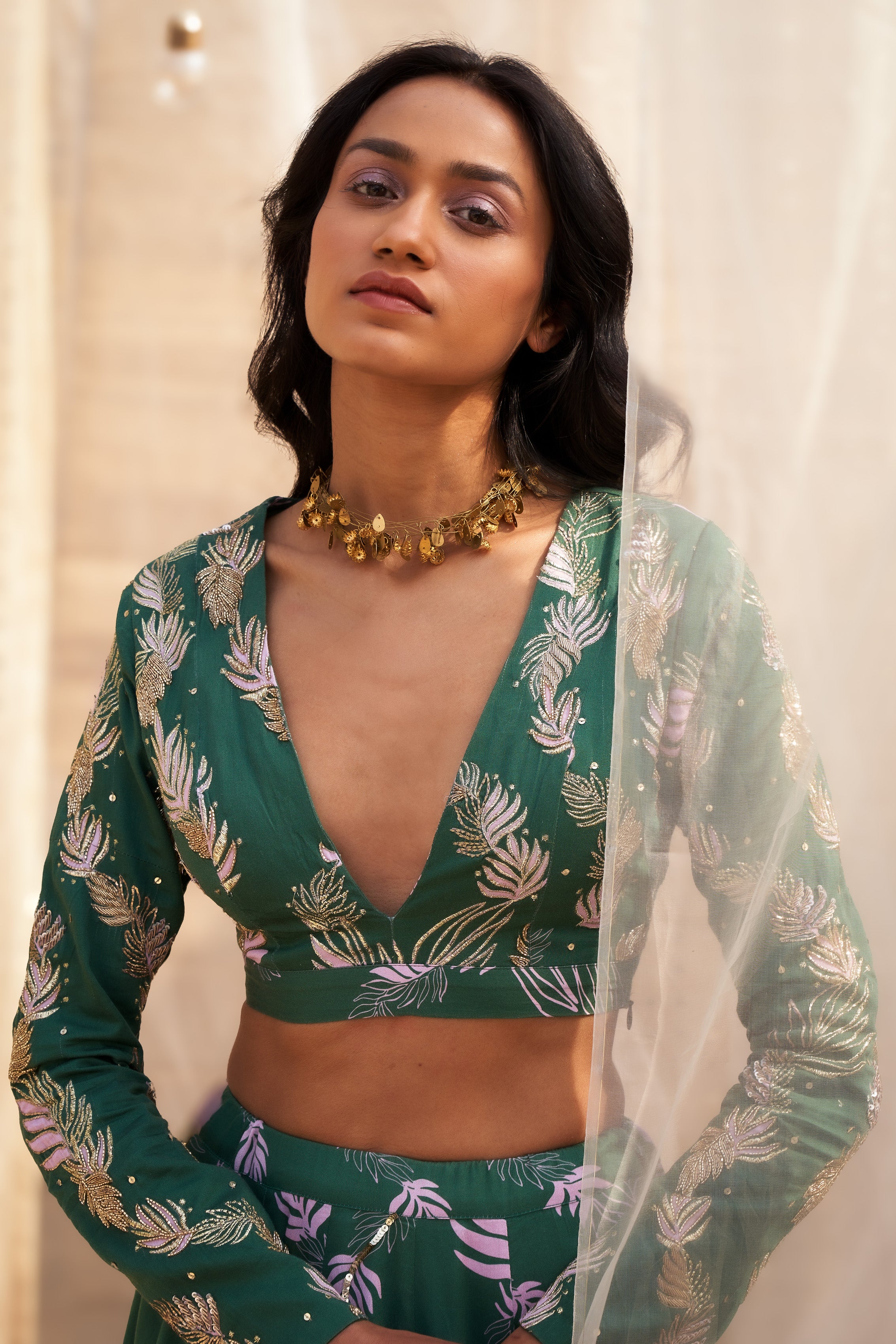 GREEN COTTON SATIN LEHENGA WITH HAND-EMBROIDERED BLOUSE & ORGANZA DUPATTA