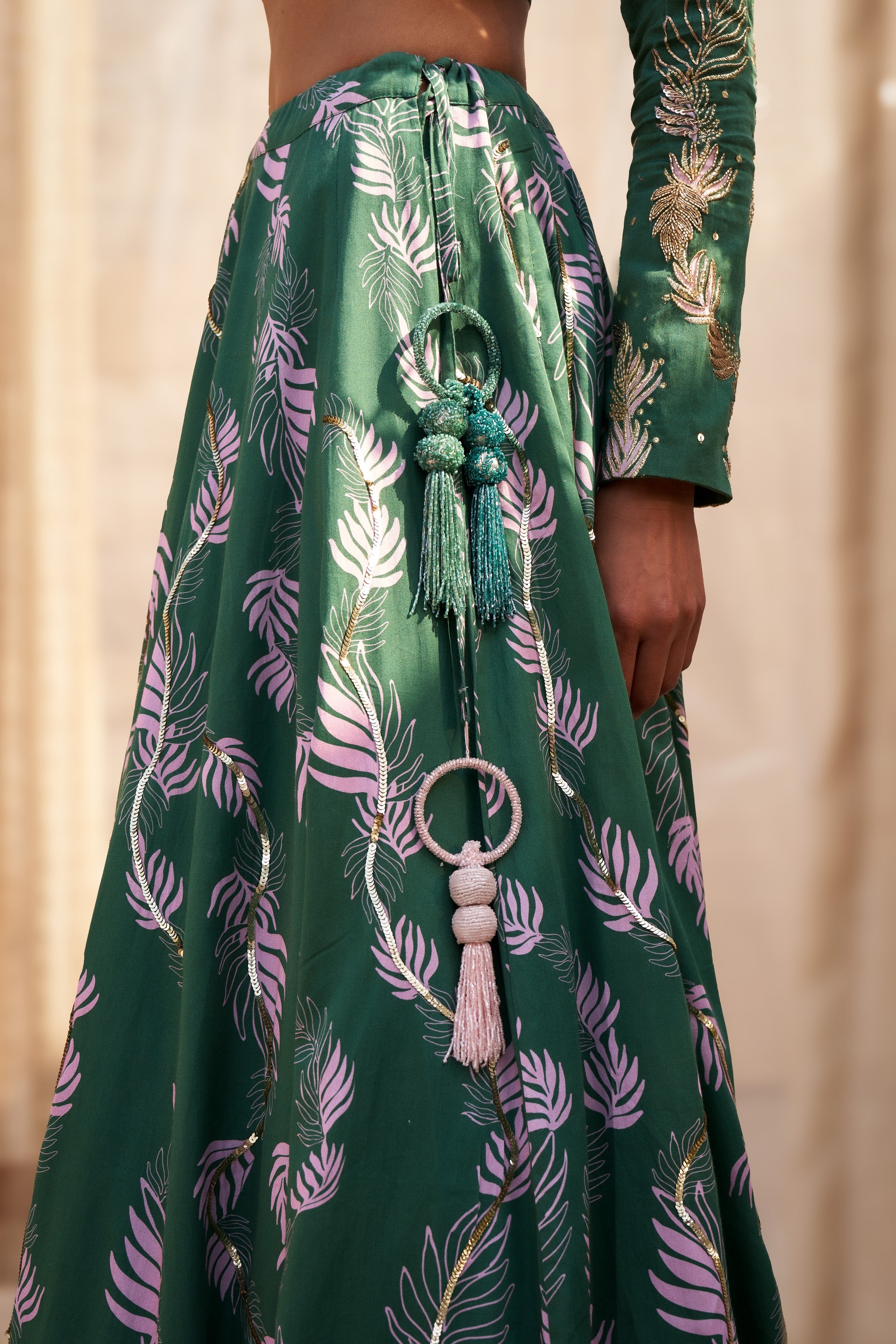 GREEN COTTON SATIN LEHENGA WITH HAND-EMBROIDERED BLOUSE & ORGANZA DUPATTA