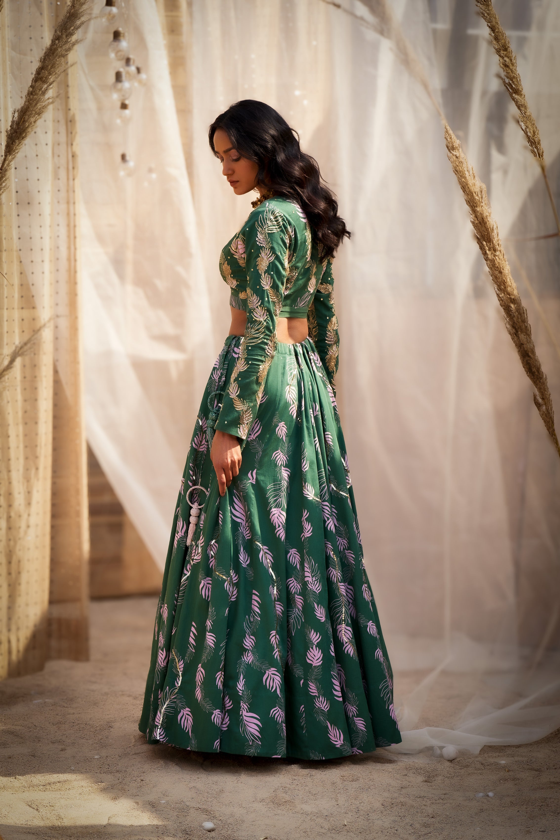 GREEN COTTON SATIN LEHENGA WITH HAND-EMBROIDERED BLOUSE & ORGANZA DUPATTA