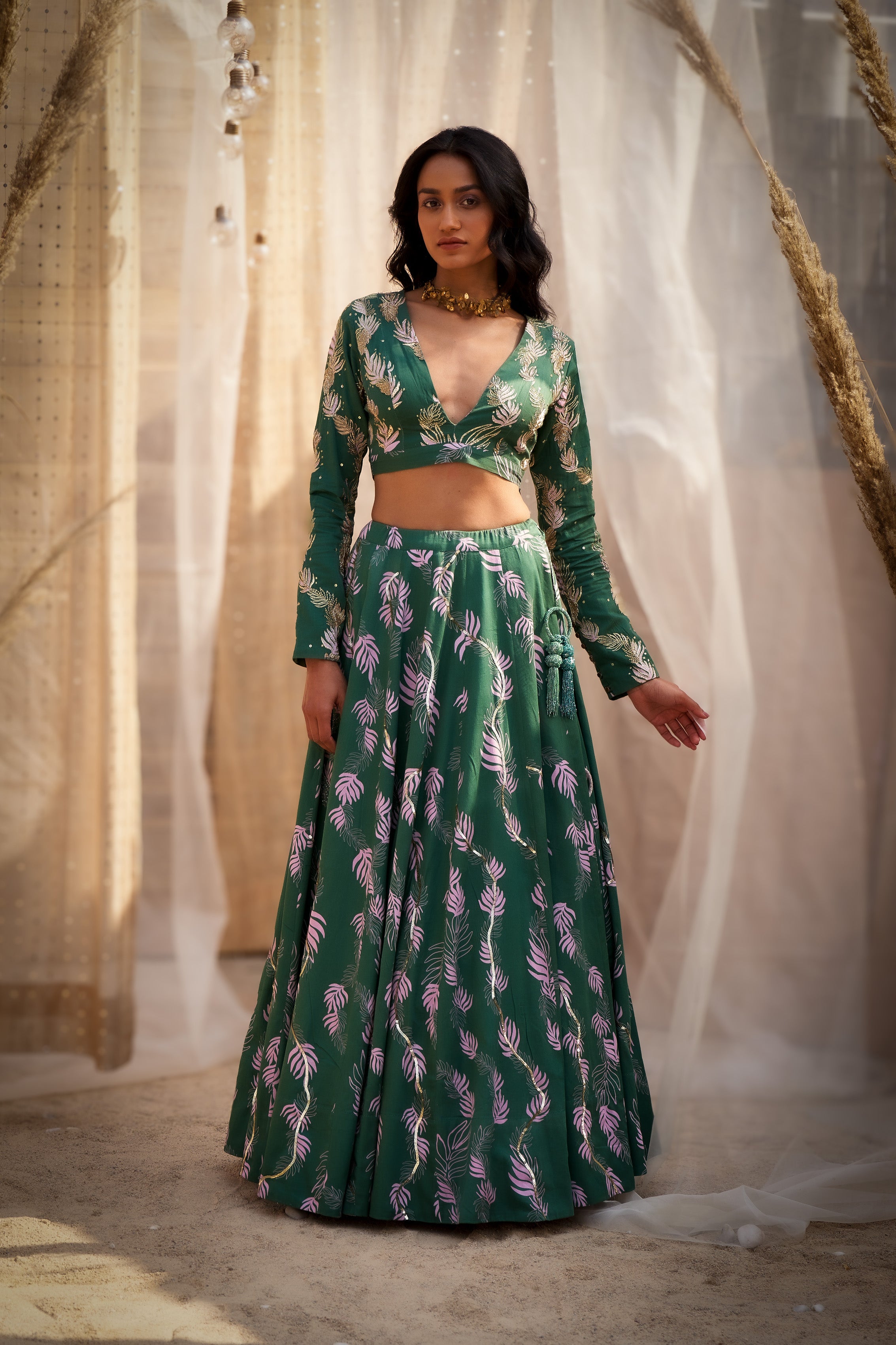 GREEN COTTON SATIN LEHENGA WITH HAND-EMBROIDERED BLOUSE & ORGANZA DUPATTA