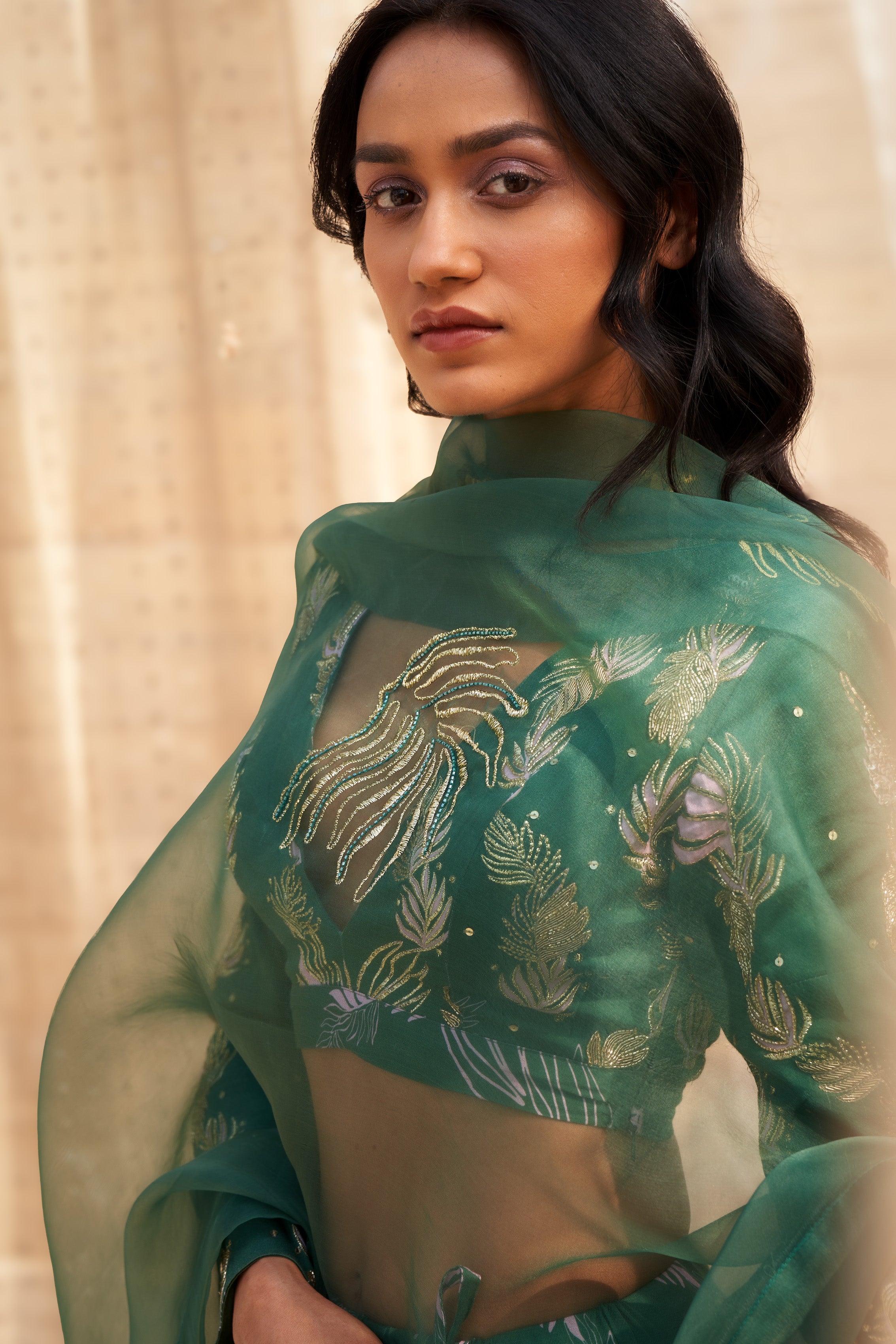 GREEN COTTON SATIN LEHENGA WITH HAND-EMBROIDERED BLOUSE & ORGANZA DUPATTA