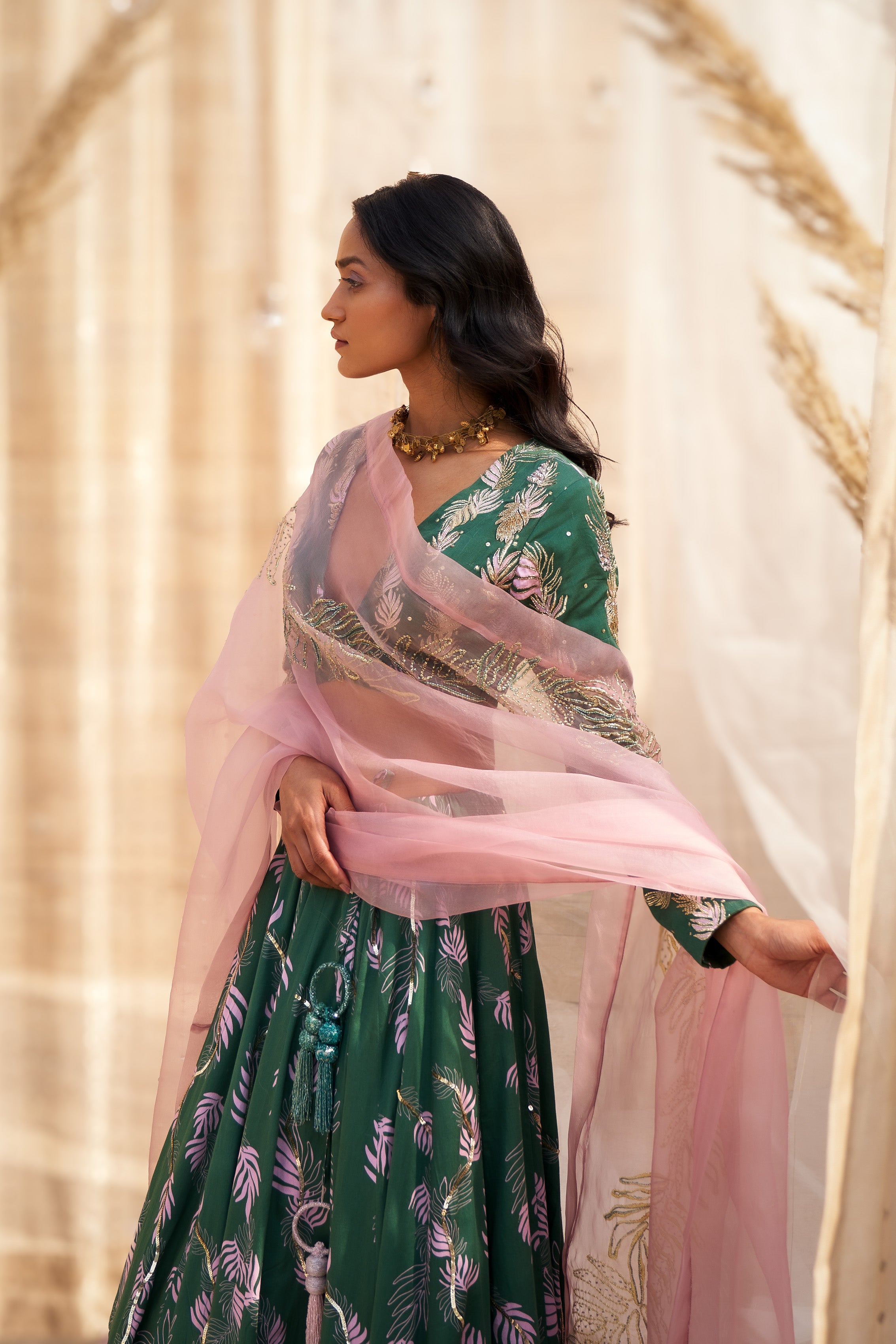 GREEN COTTON SATIN LEHENGA WITH HAND-EMBROIDERED BLOUSE & PINK ORGANZA DUPATTA