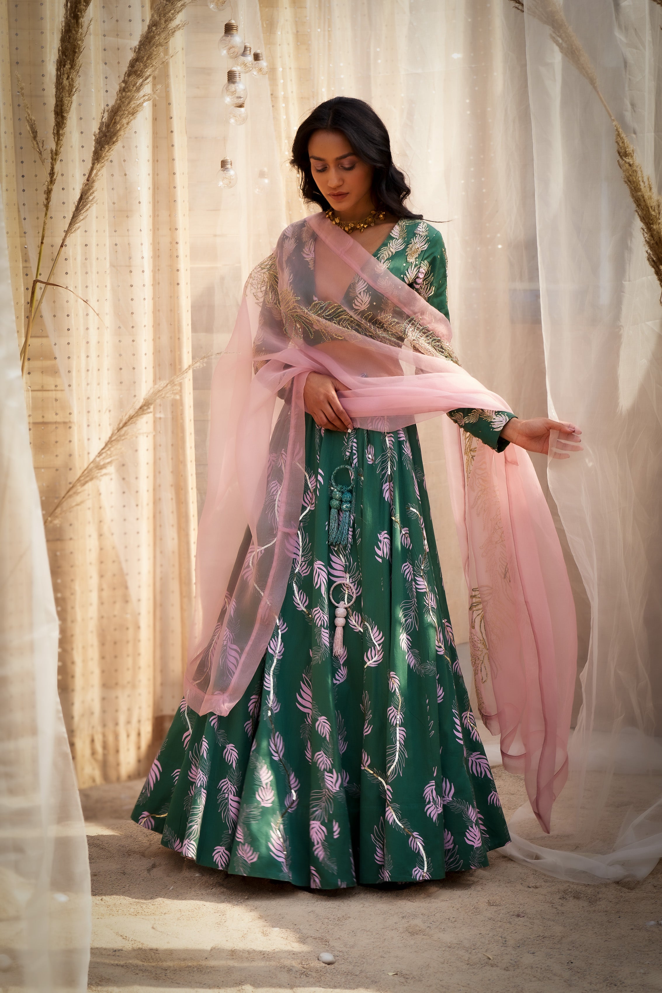 GREEN COTTON SATIN LEHENGA WITH HAND-EMBROIDERED BLOUSE & PINK ORGANZA DUPATTA
