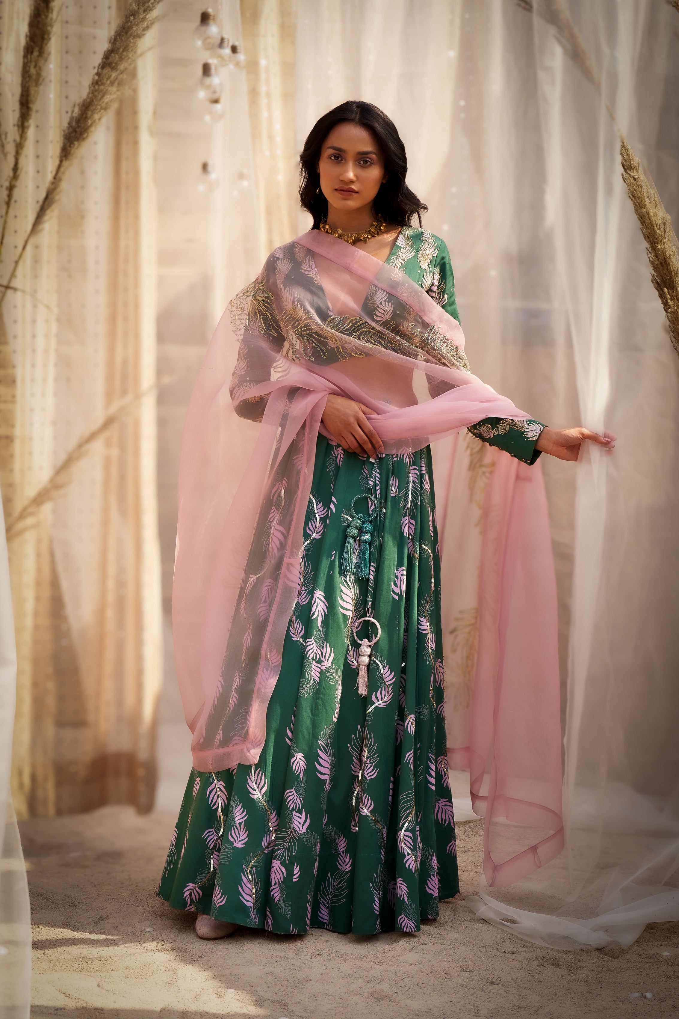 GREEN COTTON SATIN LEHENGA WITH HAND-EMBROIDERED BLOUSE & PINK ORGANZA DUPATTA