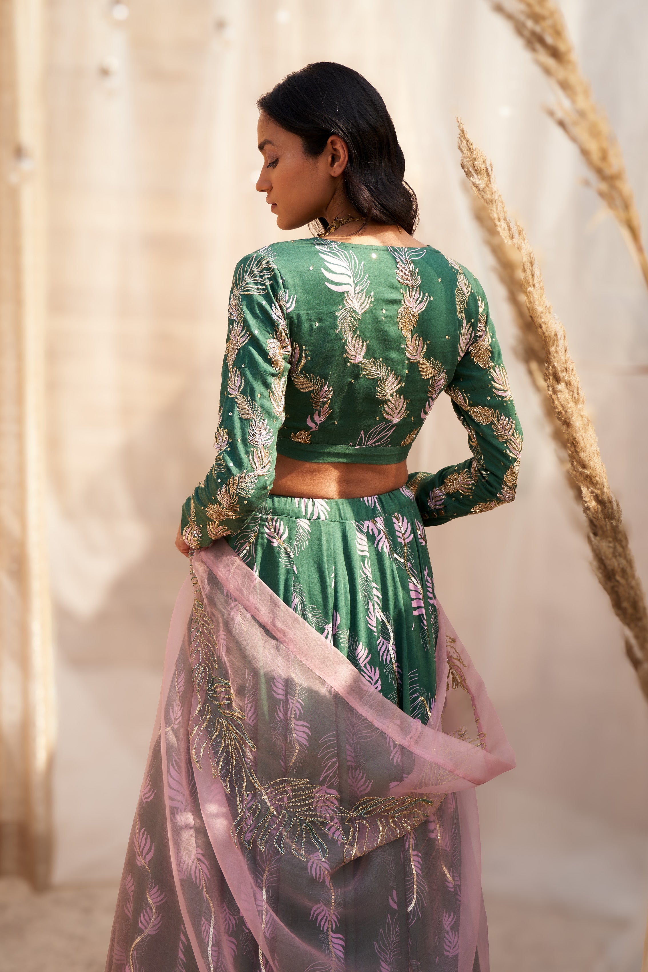 GREEN COTTON SATIN LEHENGA WITH HAND-EMBROIDERED BLOUSE & PINK ORGANZA DUPATTA