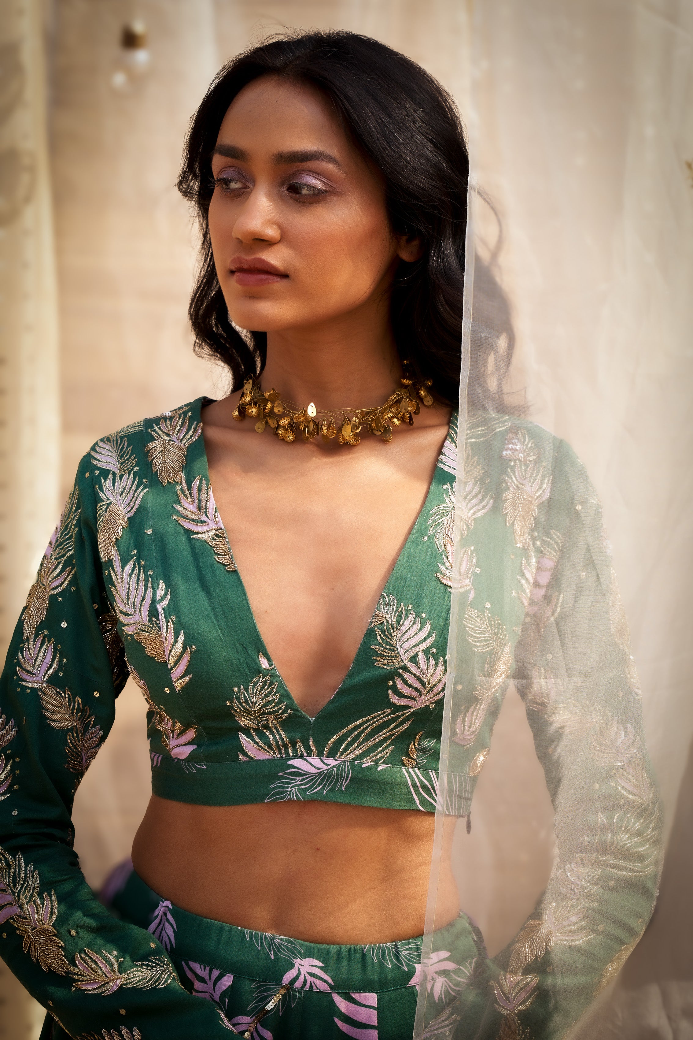 GREEN COTTON SATIN LEHENGA WITH HAND-EMBROIDERED BLOUSE & PINK ORGANZA DUPATTA