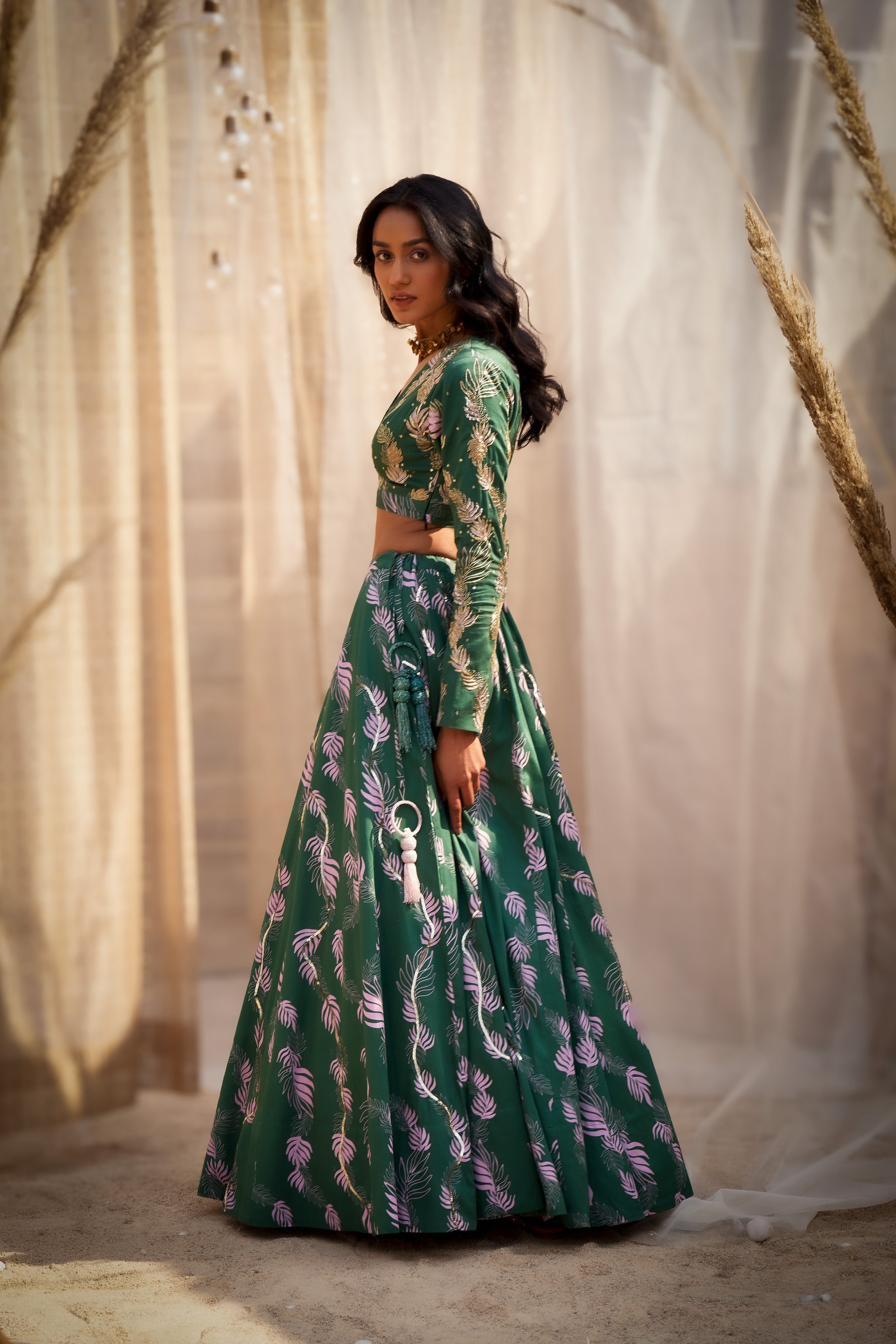 GREEN COTTON SATIN LEHENGA WITH HAND-EMBROIDERED BLOUSE & PINK ORGANZA DUPATTA