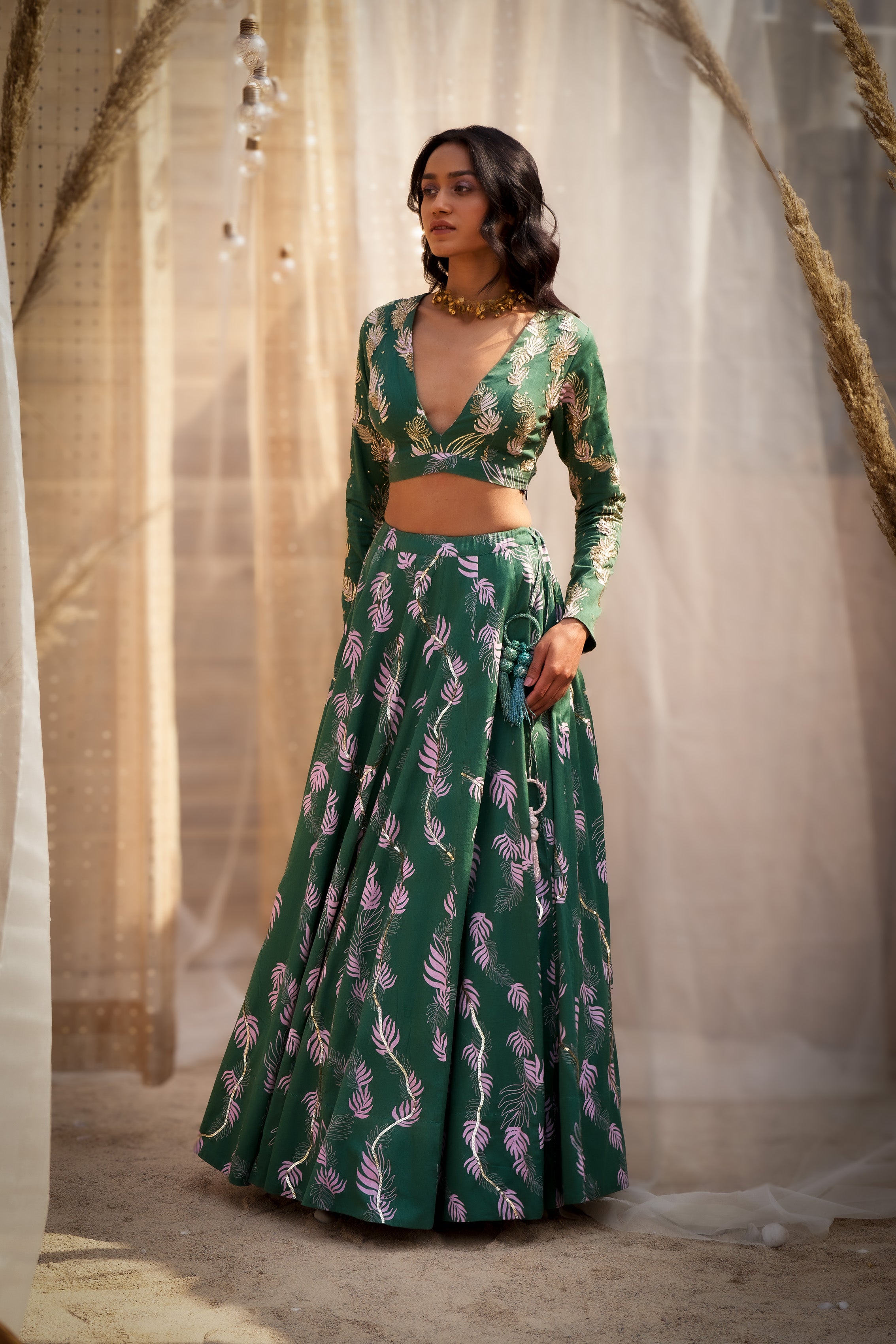 GREEN COTTON SATIN LEHENGA WITH HAND-EMBROIDERED BLOUSE & PINK ORGANZA DUPATTA