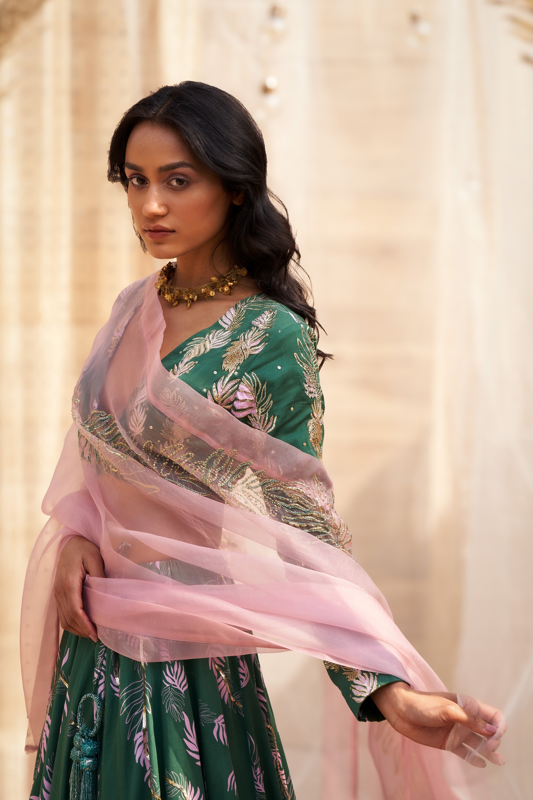 GREEN COTTON SATIN LEHENGA WITH HAND-EMBROIDERED BLOUSE & PINK ORGANZA DUPATTA