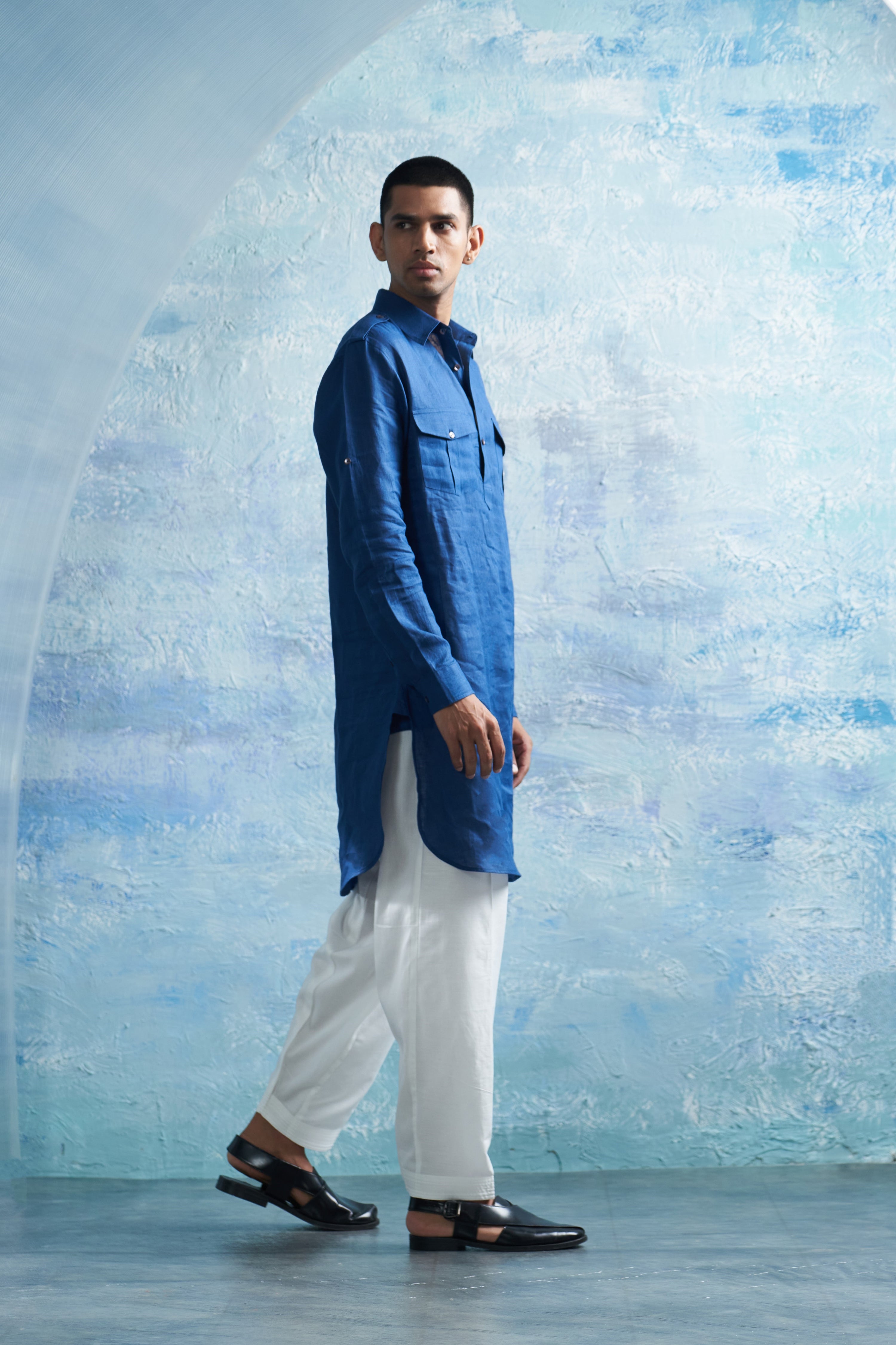 ROYAL BLUE LINEN PATHANI WITH WHITE SALWAR