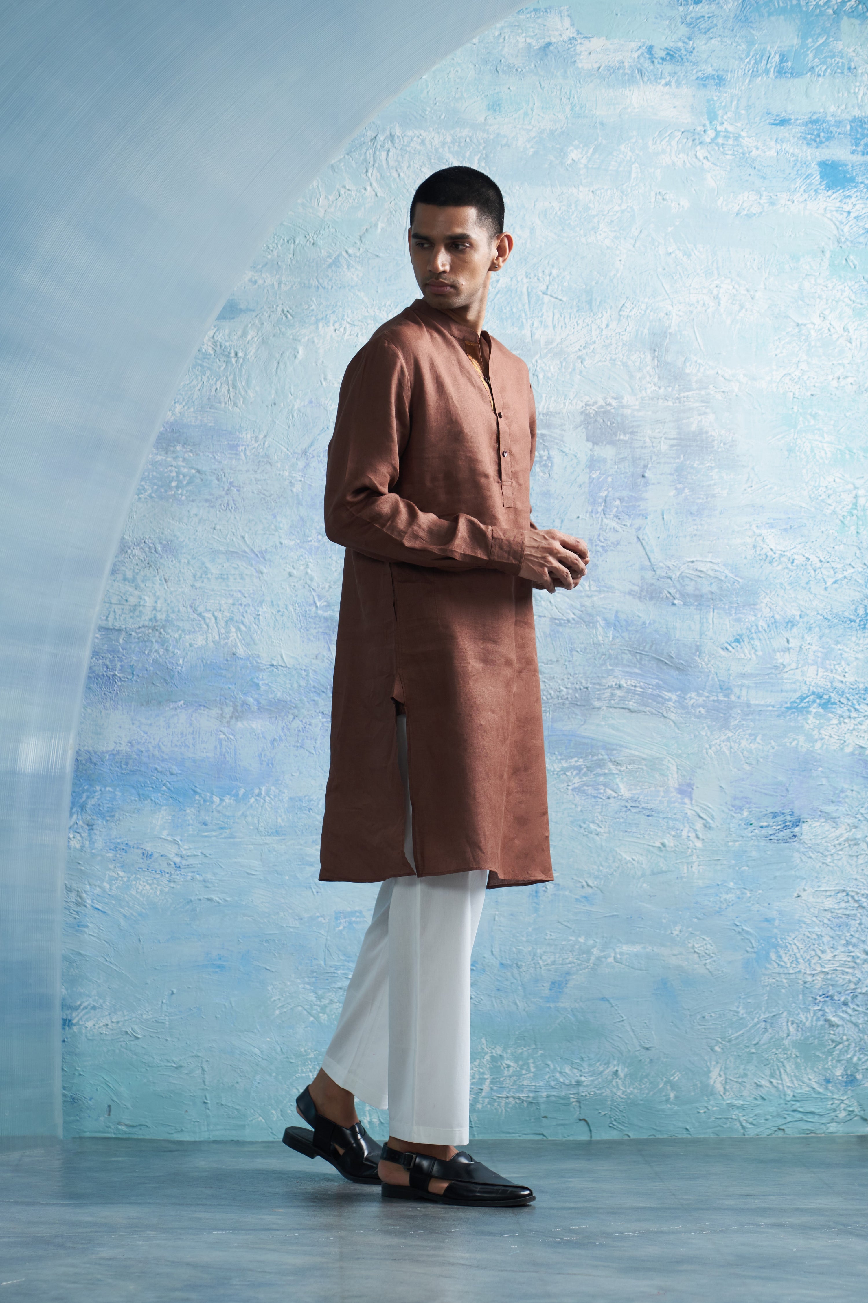 WOODY BROWN STRAIGHT KURTA SET WITH JACKET