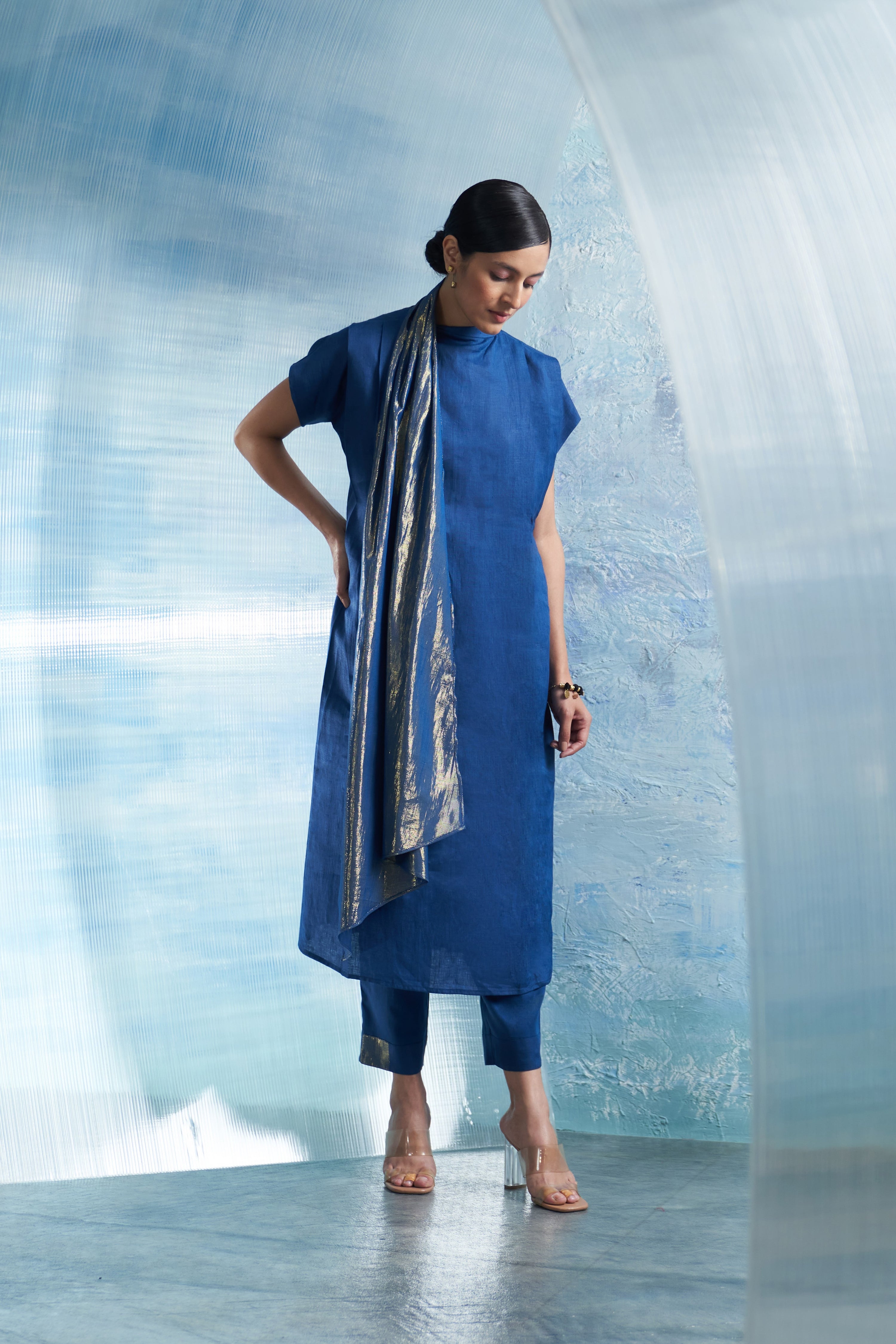 AURA ROYAL BLUE SCARF KURTA SET