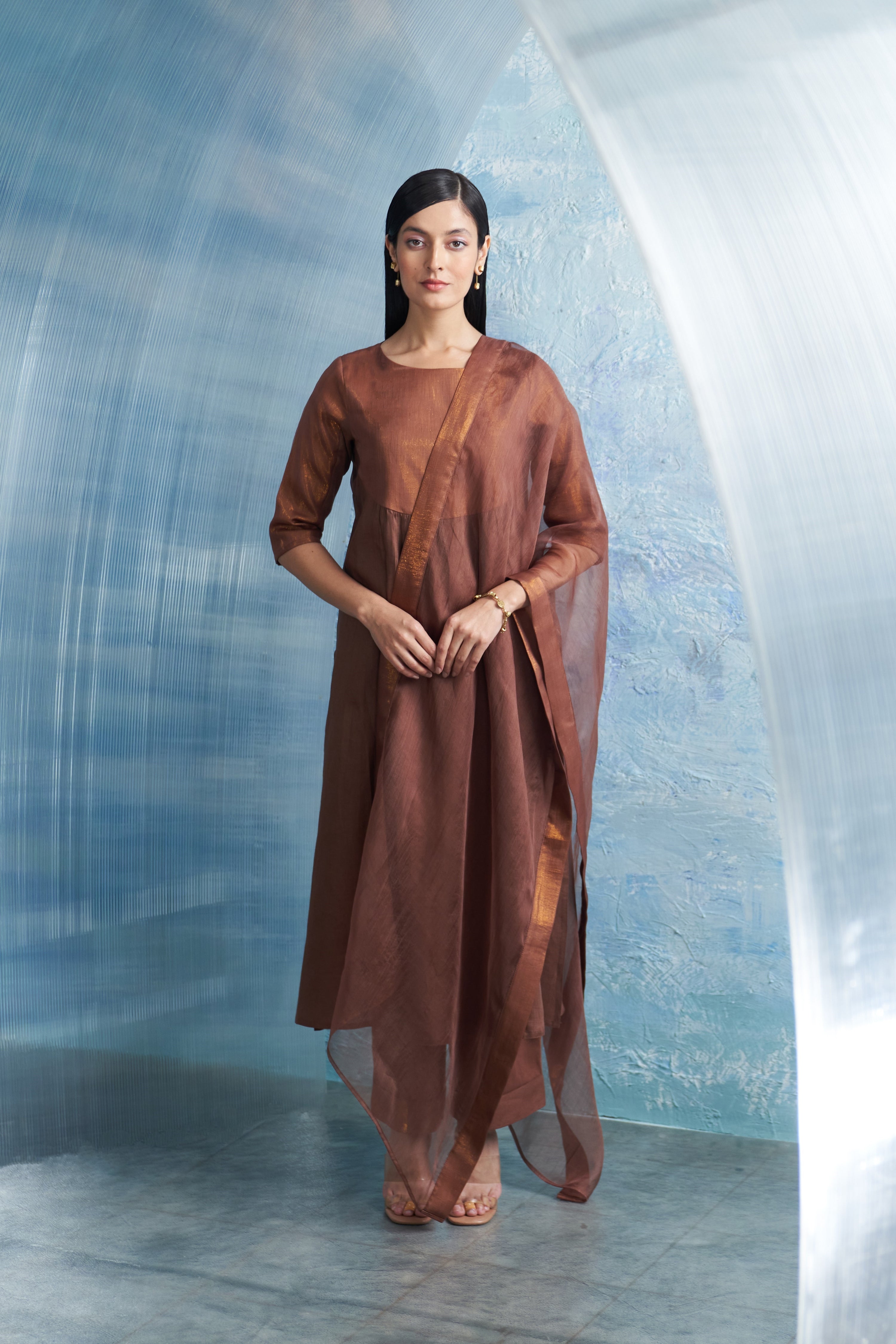 WOODY BROWN ROUND YOKE KURTA SET