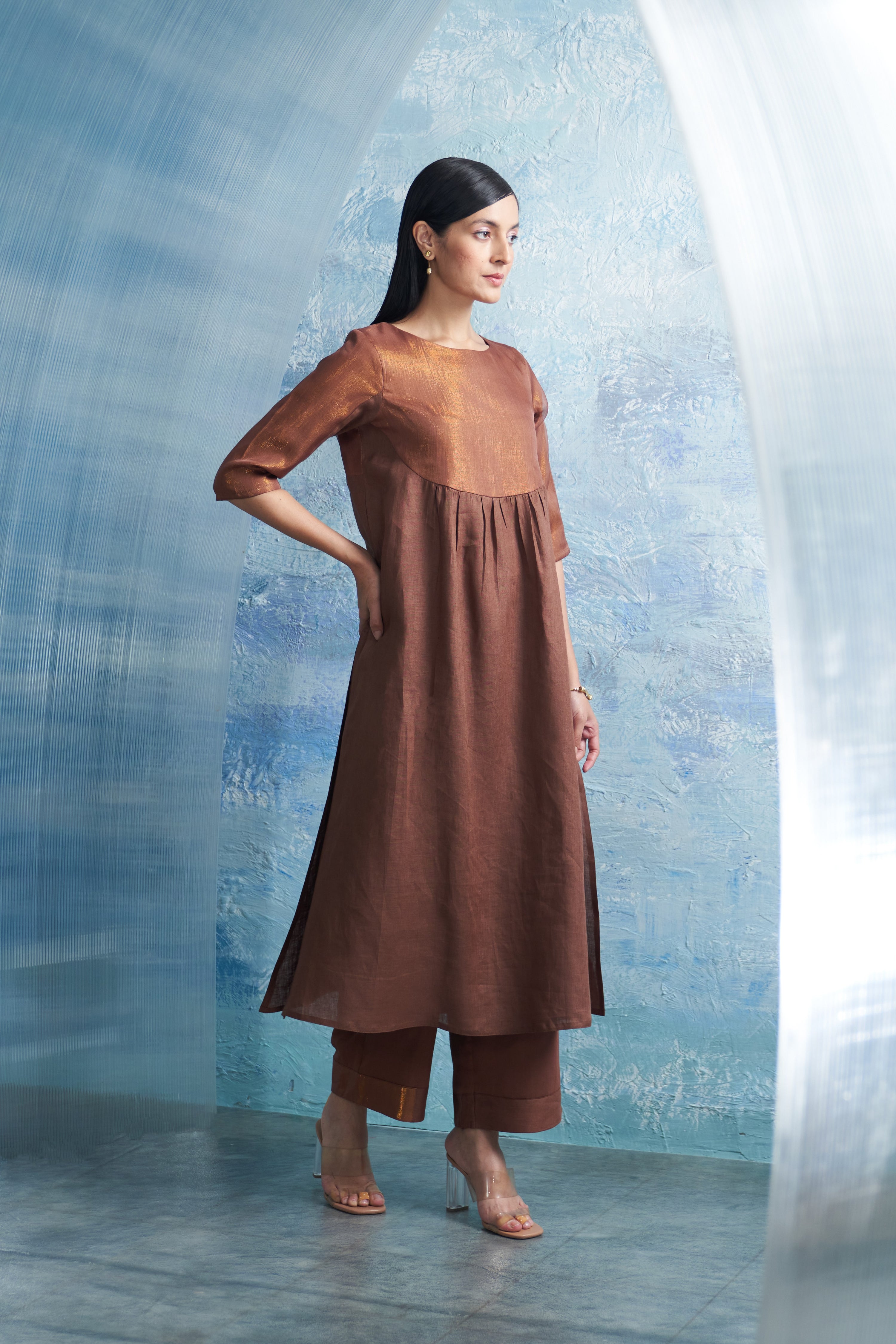 WOODY BROWN ROUND YOKE KURTA SET