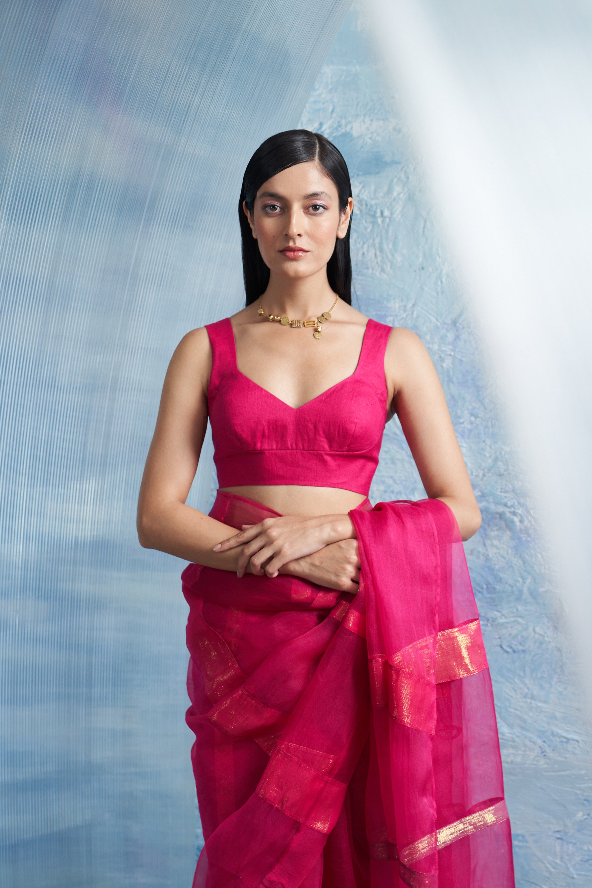 FUCHSIA PINK ORGANZA SAREE WITH BLOUSE