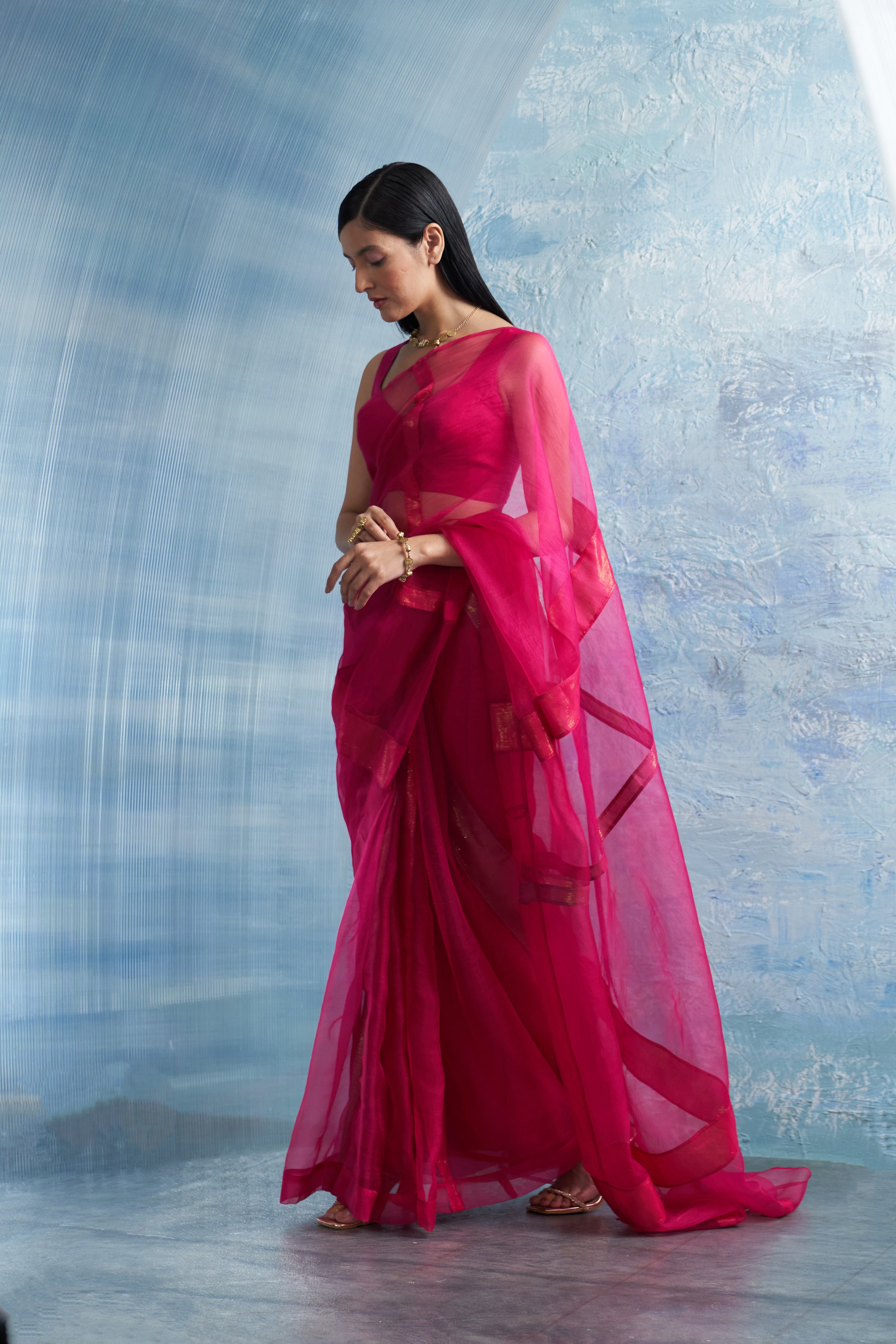 FUCHSIA PINK ORGANZA SAREE WITH BLOUSE