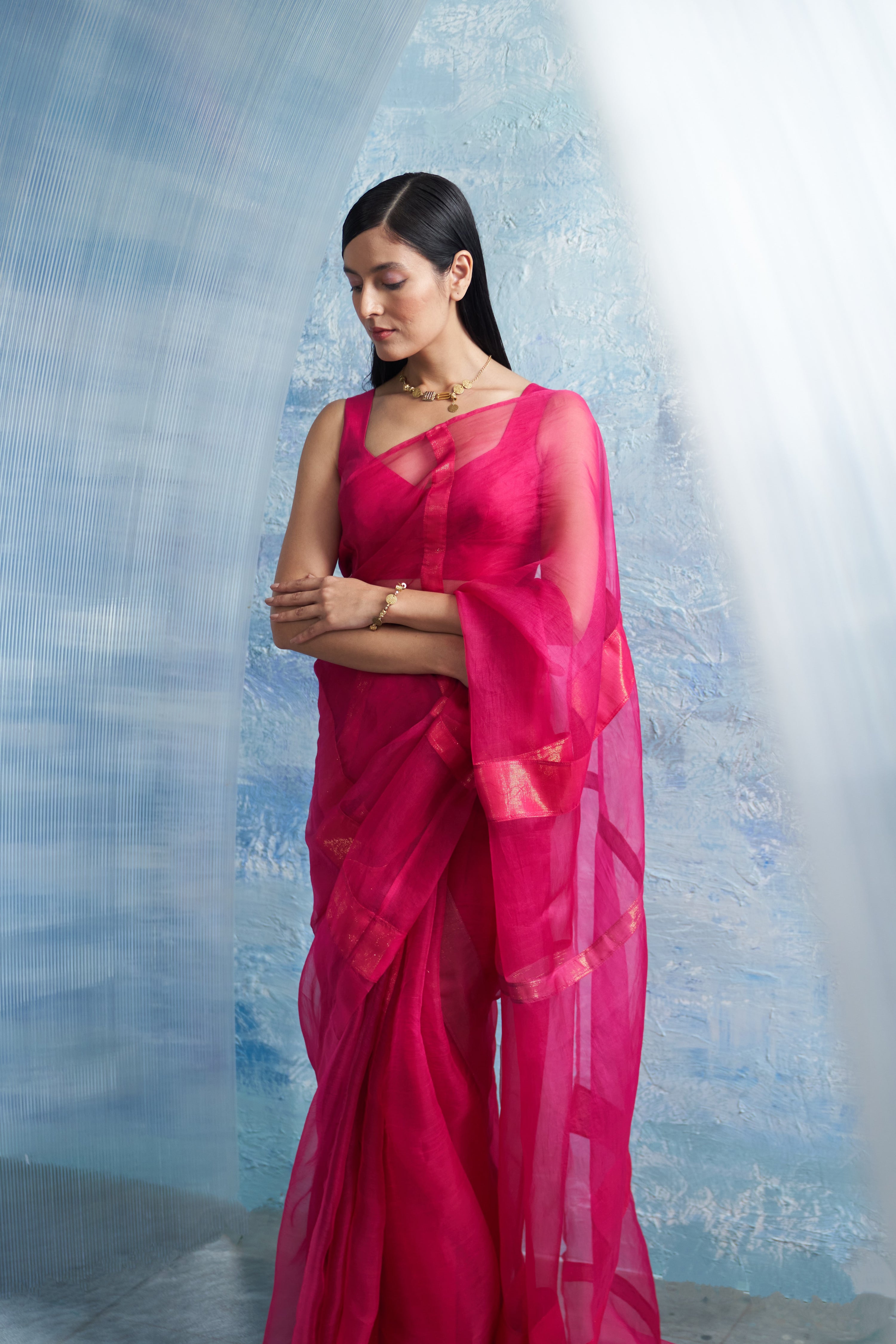 FUCHSIA PINK ORGANZA SAREE WITH BLOUSE