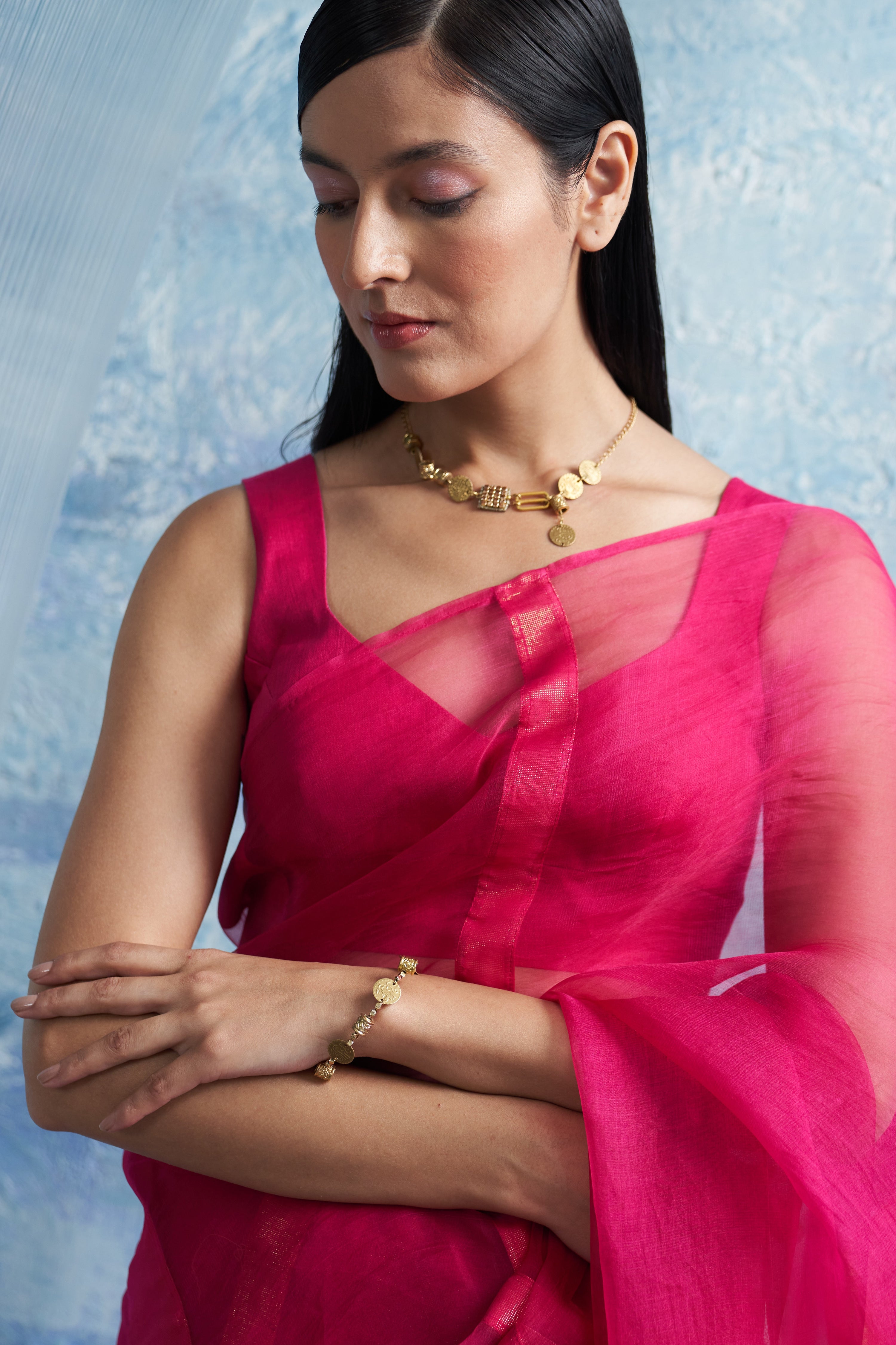 FUCHSIA PINK ORGANZA SAREE WITH BLOUSE