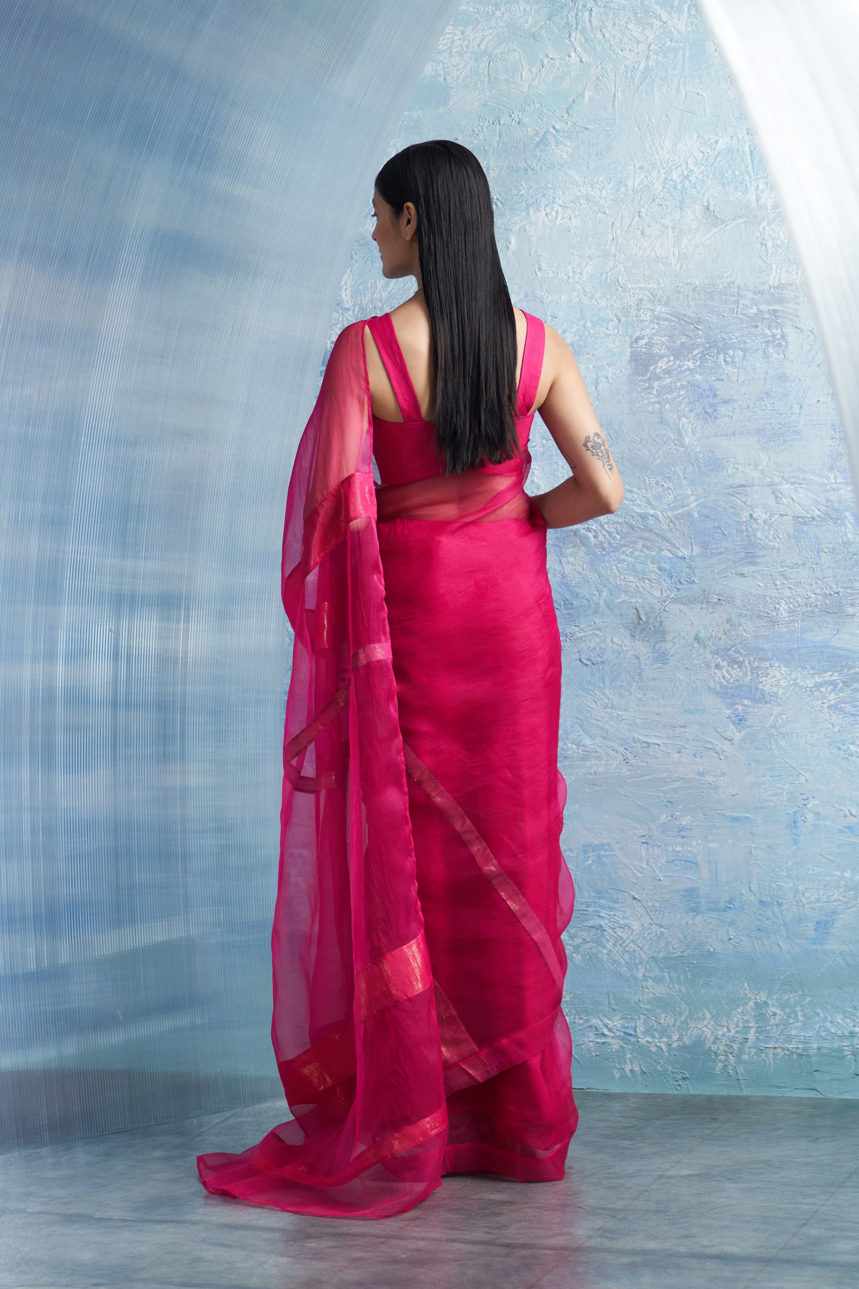 FUCHSIA PINK ORGANZA SAREE WITH BLOUSE