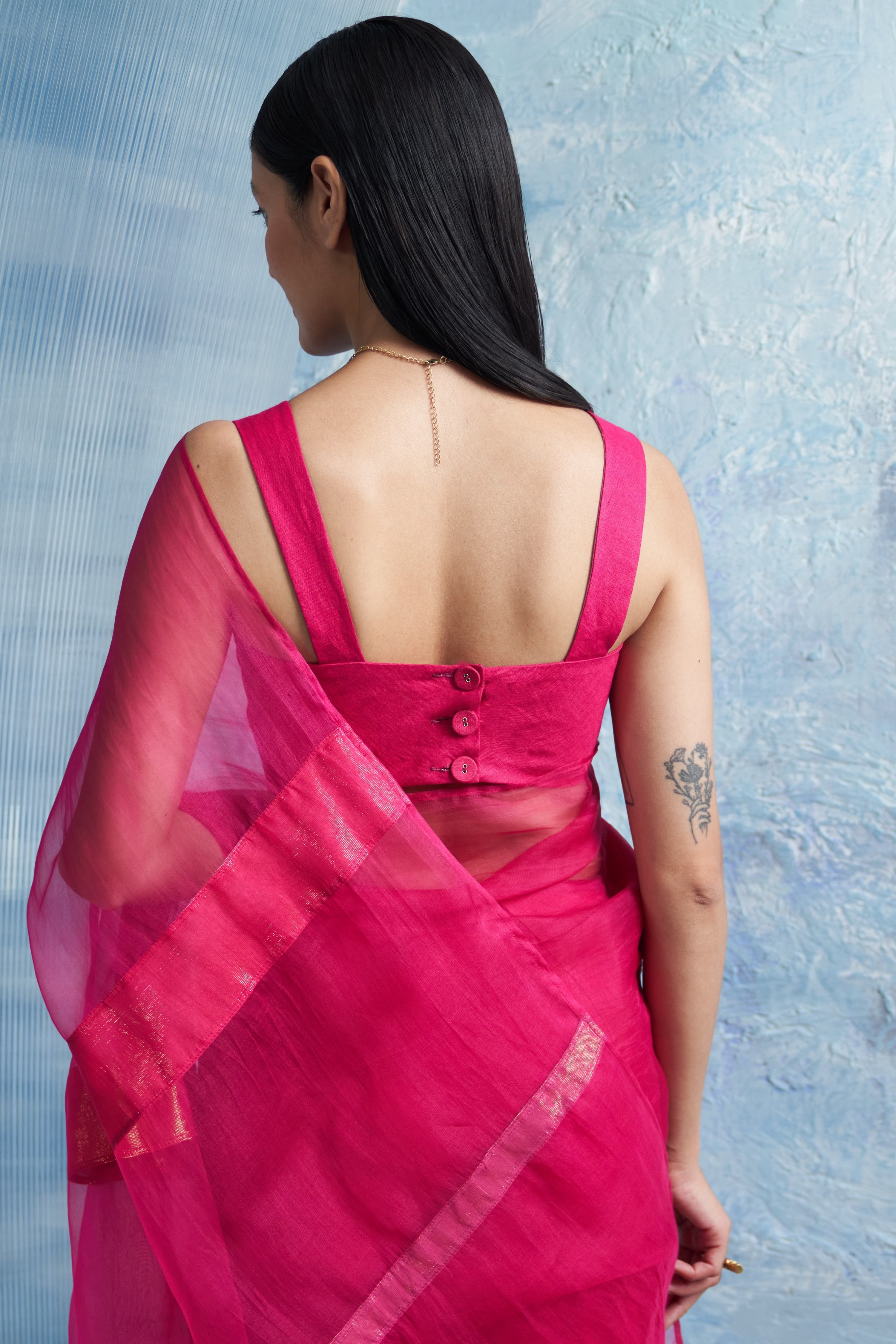 FUCHSIA PINK ORGANZA SAREE WITH BLOUSE