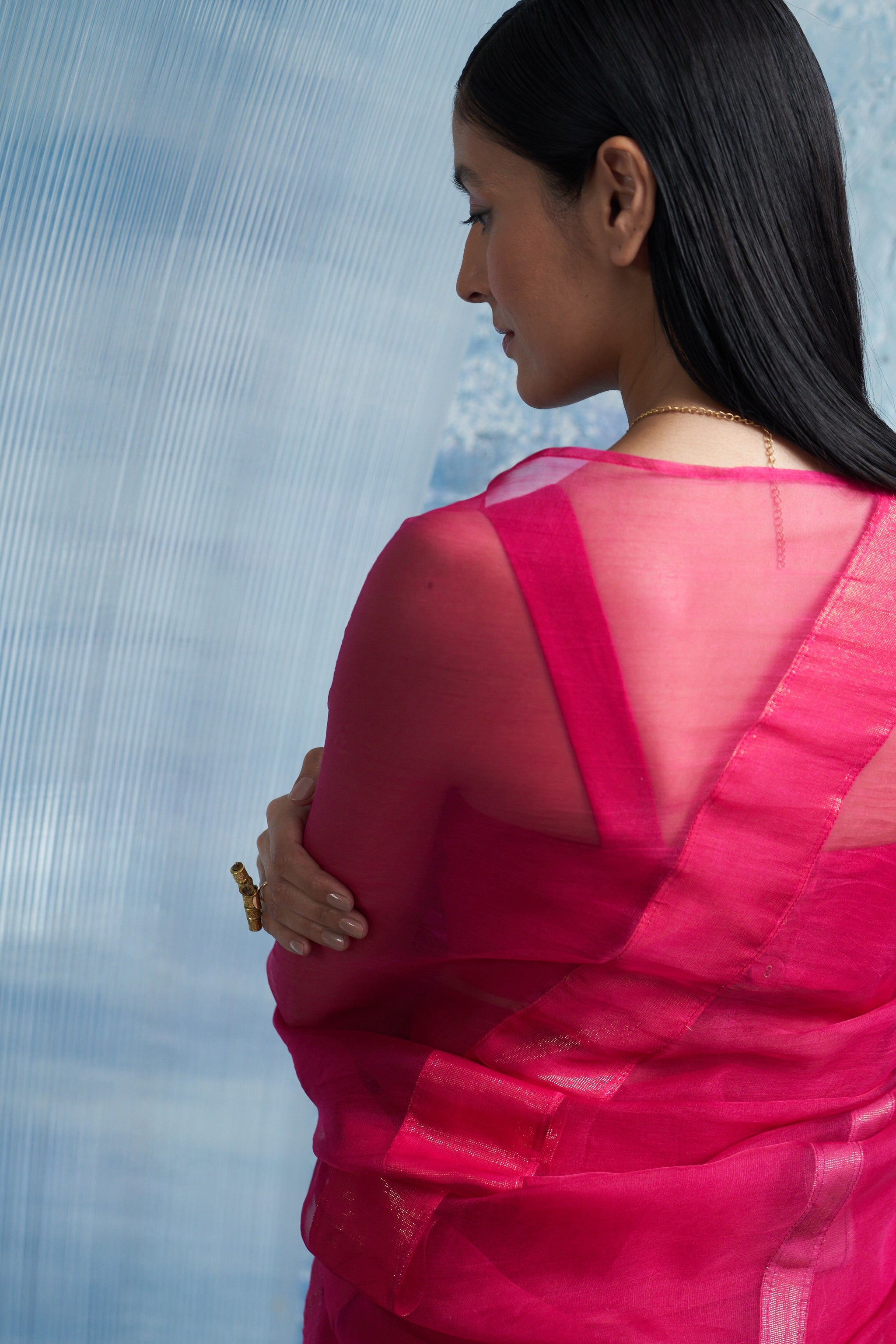 FUCHSIA PINK ORGANZA SAREE WITH BLOUSE