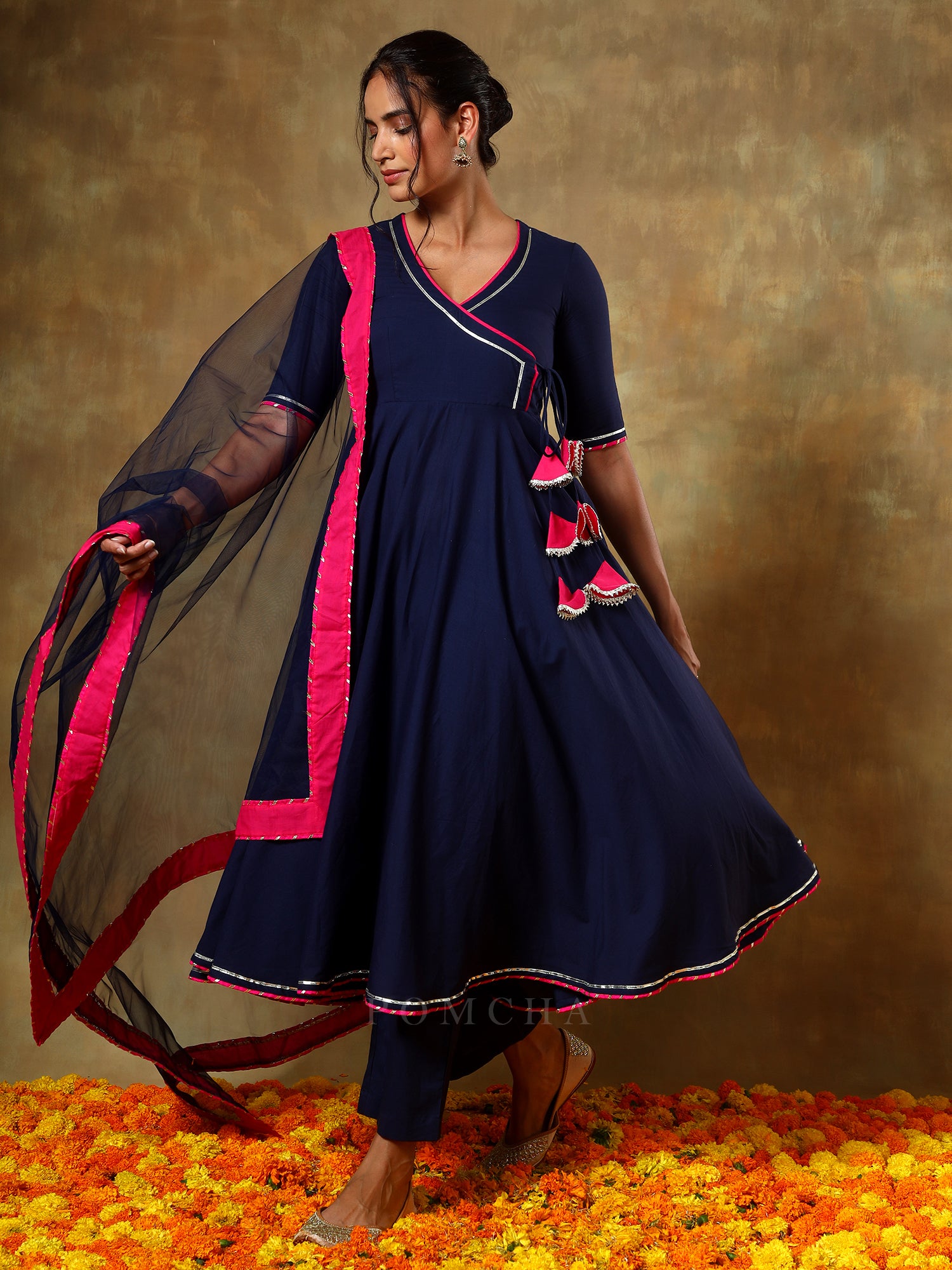 GUZARISH NAVY BLUE COTTON ANGRAKHA SET