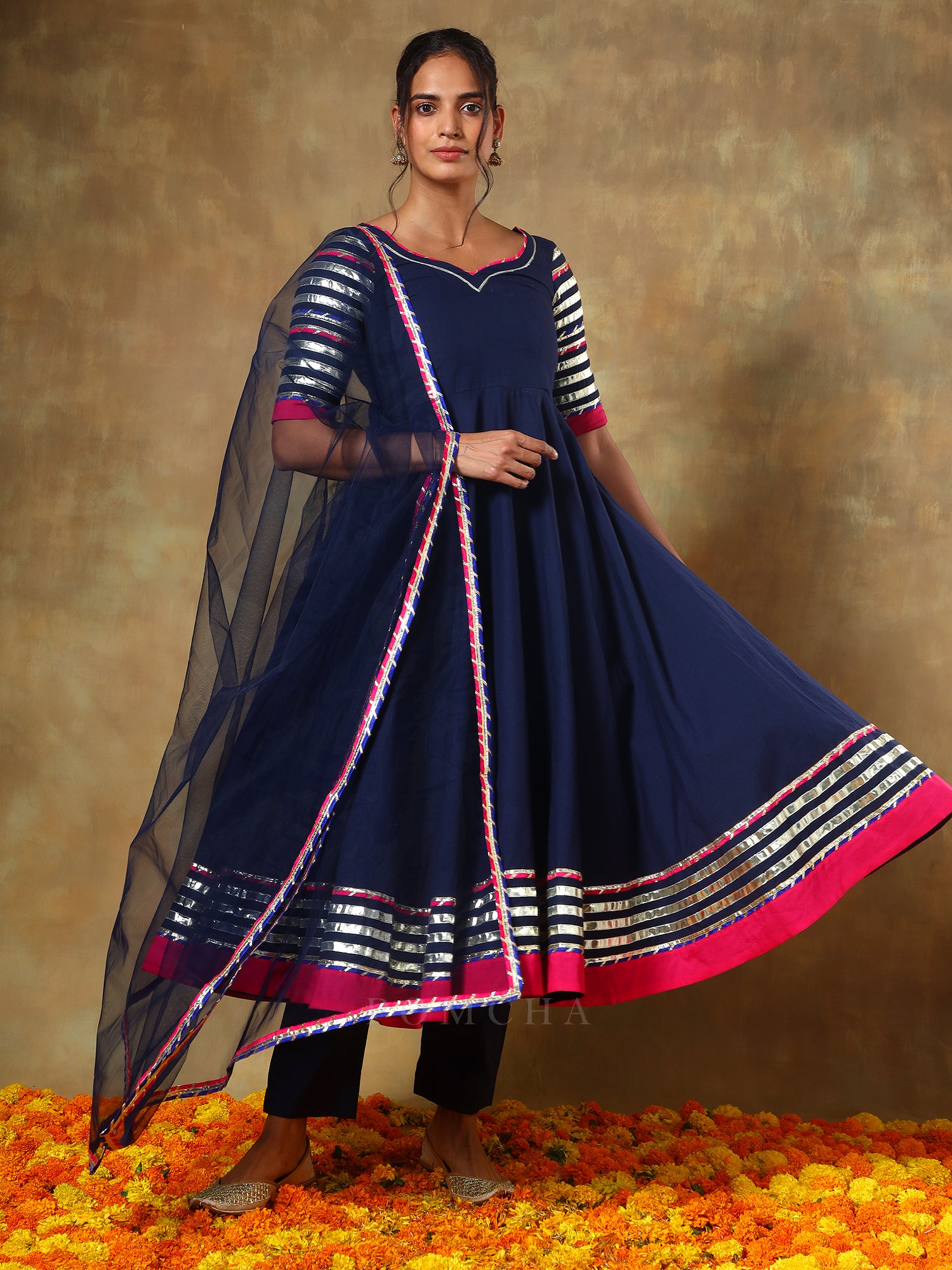 GUZARISH NAVY BLUE COTTON ANARKALI SET