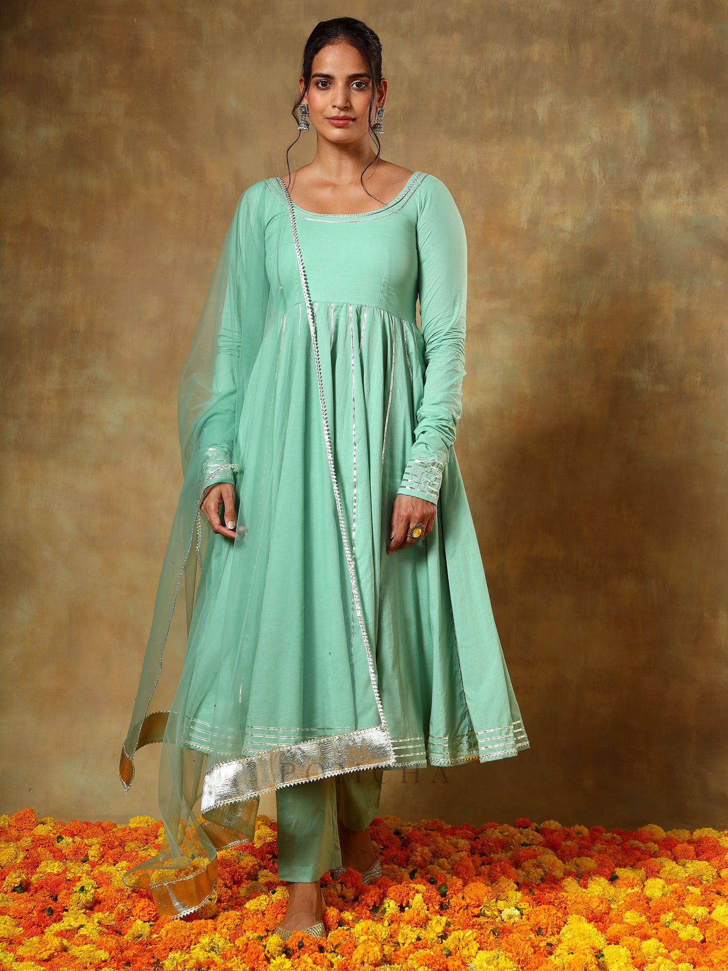 GUZARISH SEA GREEN COTTON ANARKALI SET